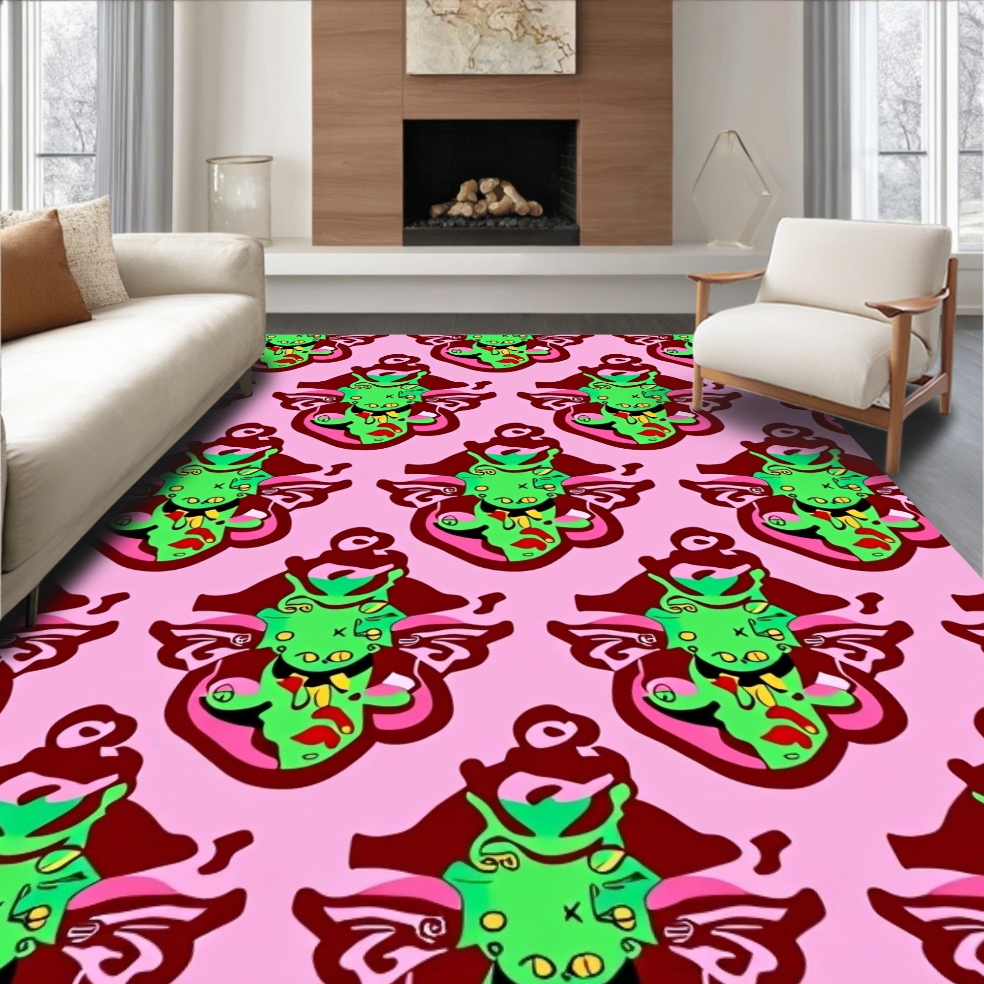 Abstract Figural Pattern Pink Background Rug