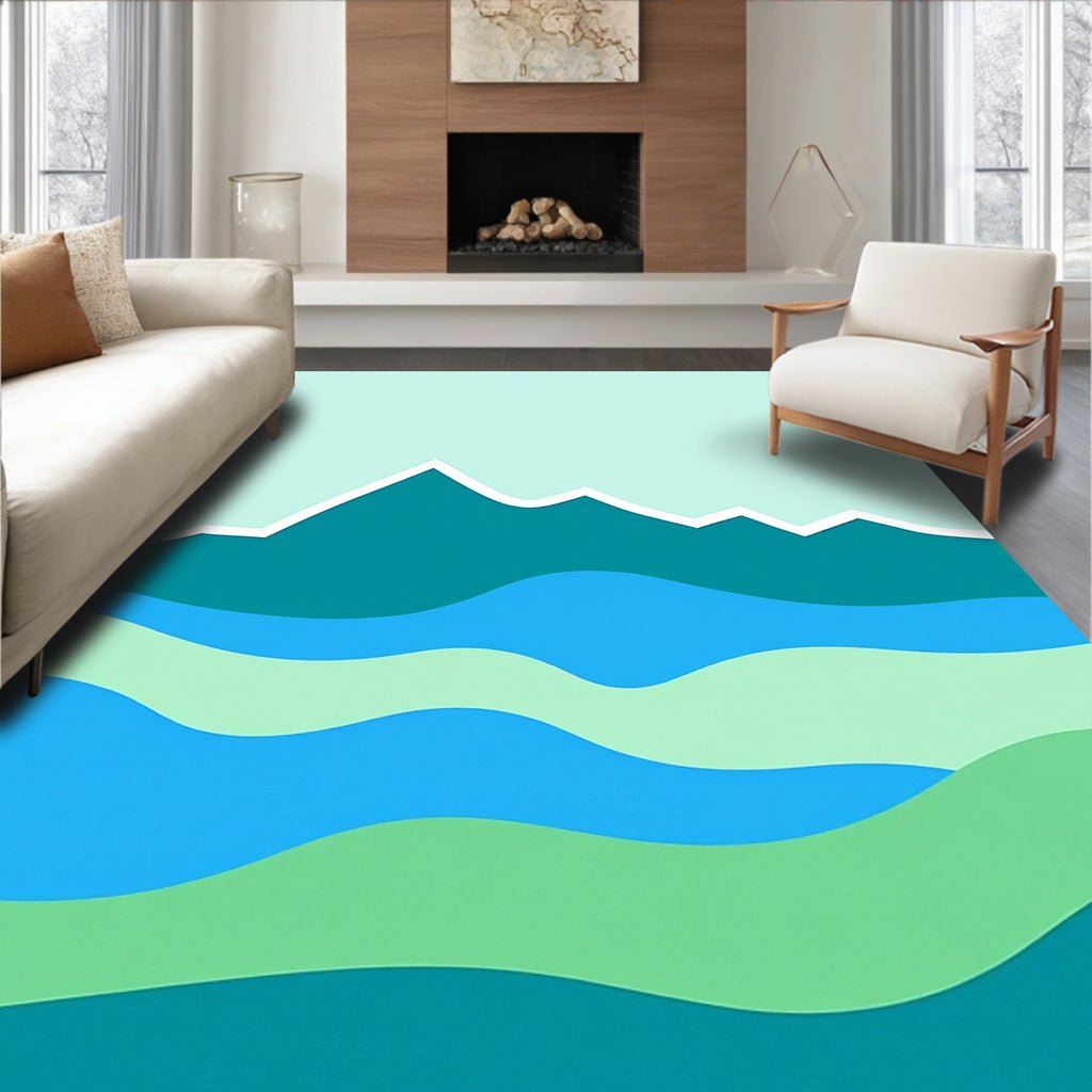 Teal Wave Mountain Landscape Design Rug