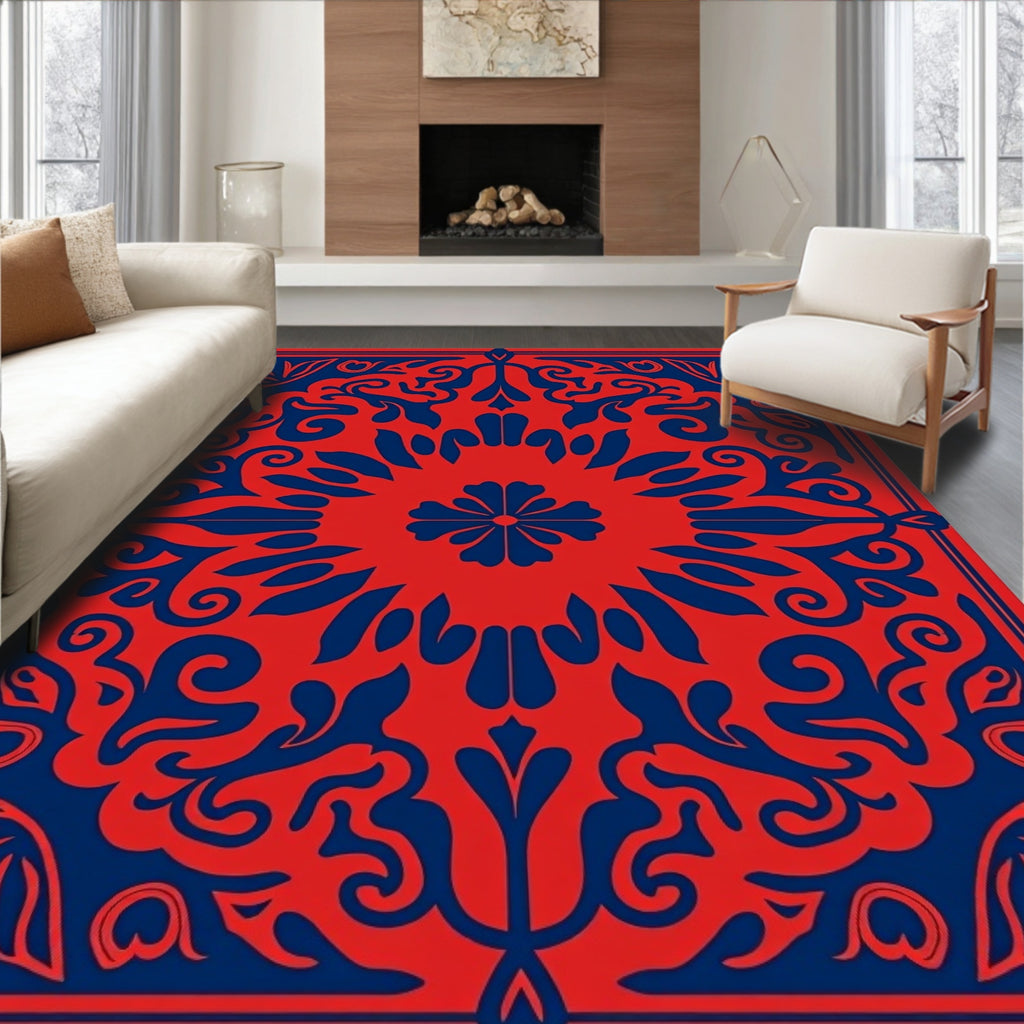 Red Blue Floral Symmetry Design Rug