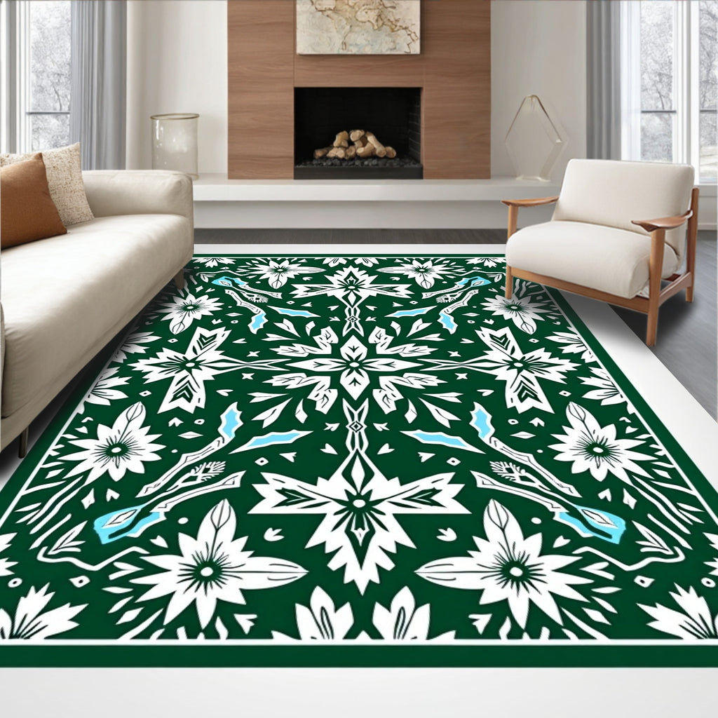 Forest Green White Floral Medallion Rug