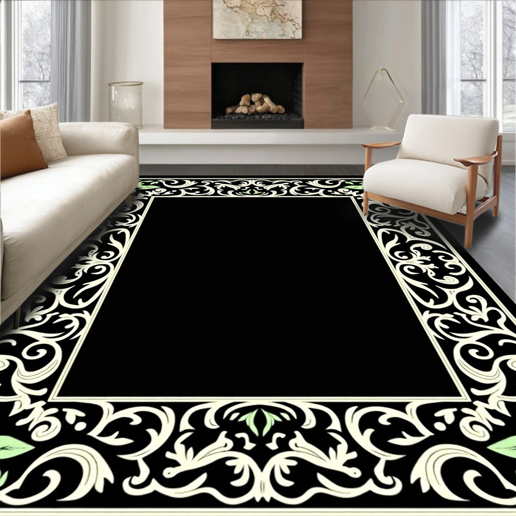 Ornate Green Leaf Scroll Border Rug