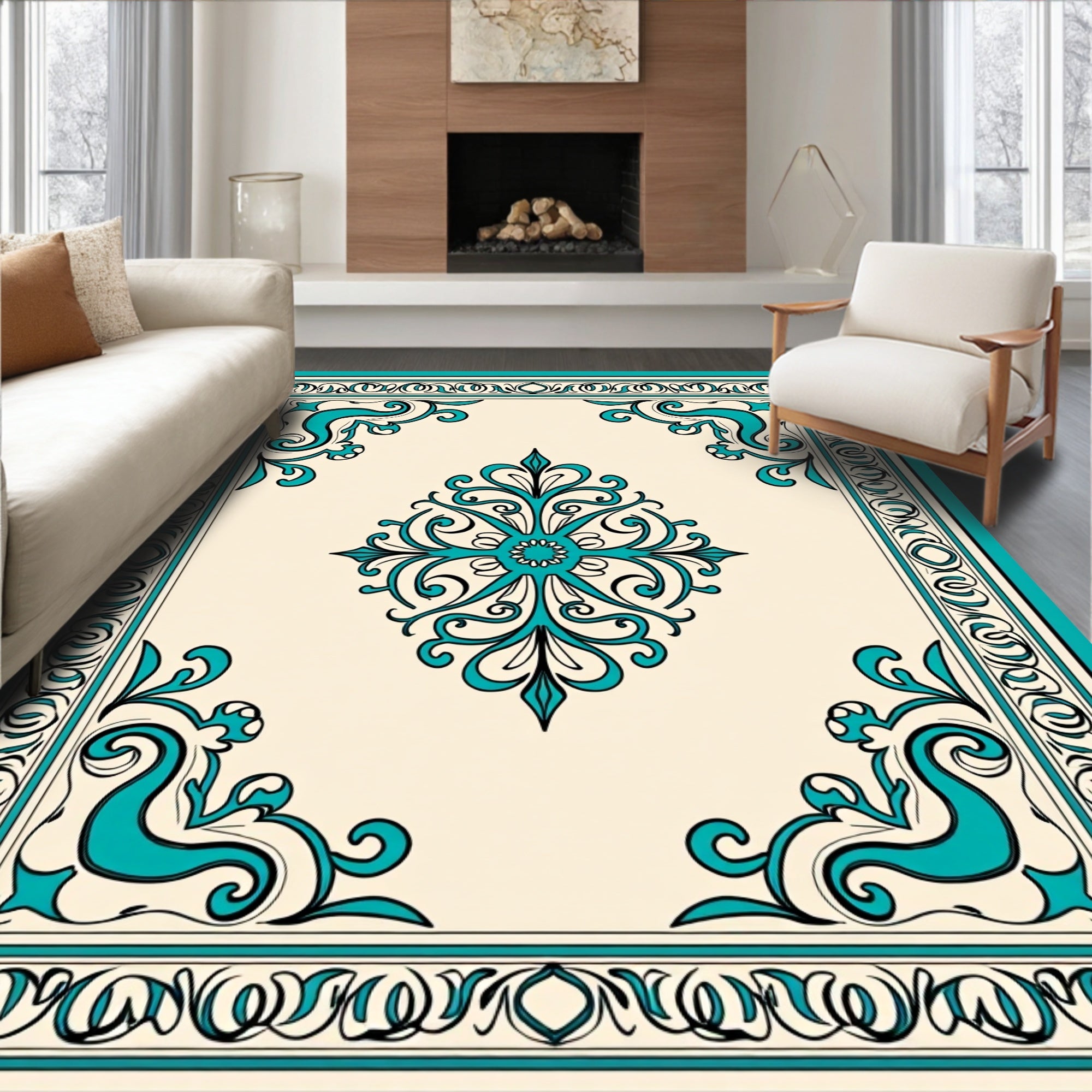 Ornate Teal Cream Scroll Rug
