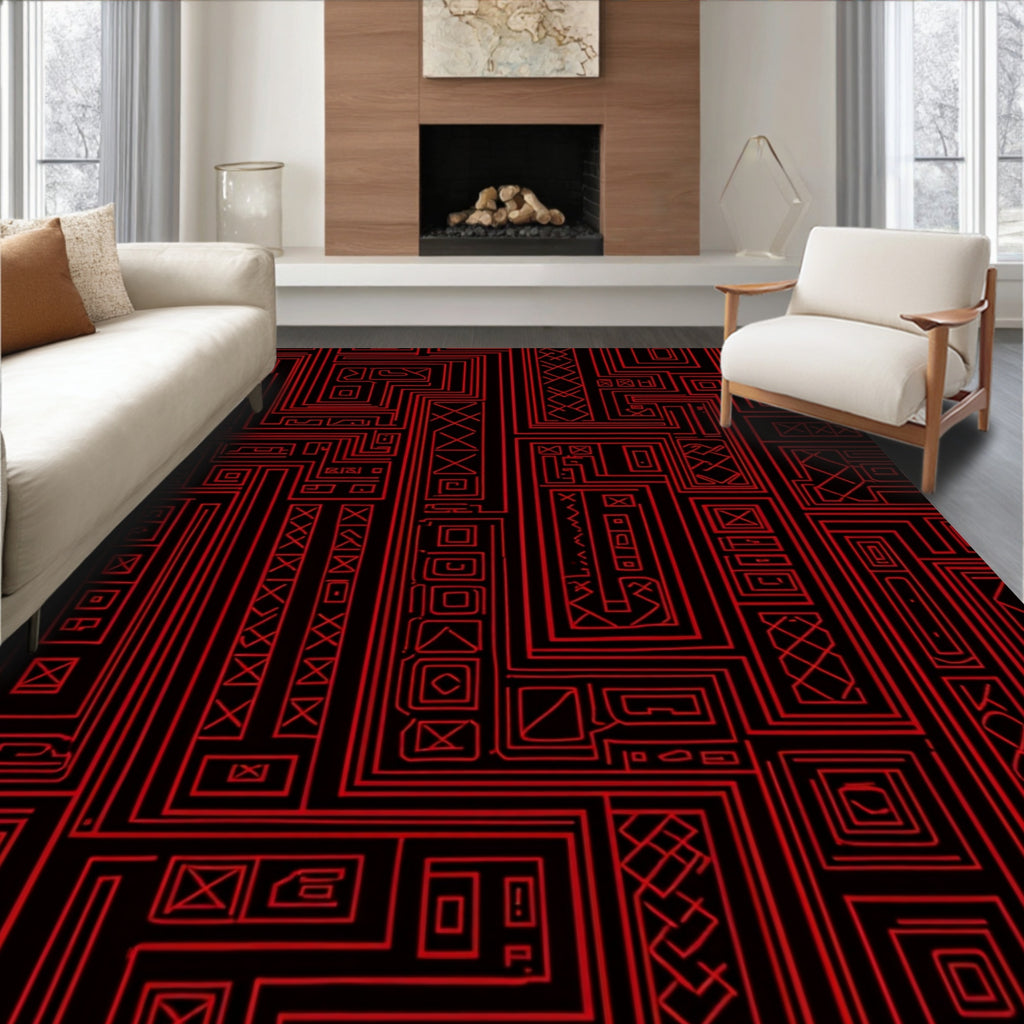 Geometric Maze With Red Lines Rug
