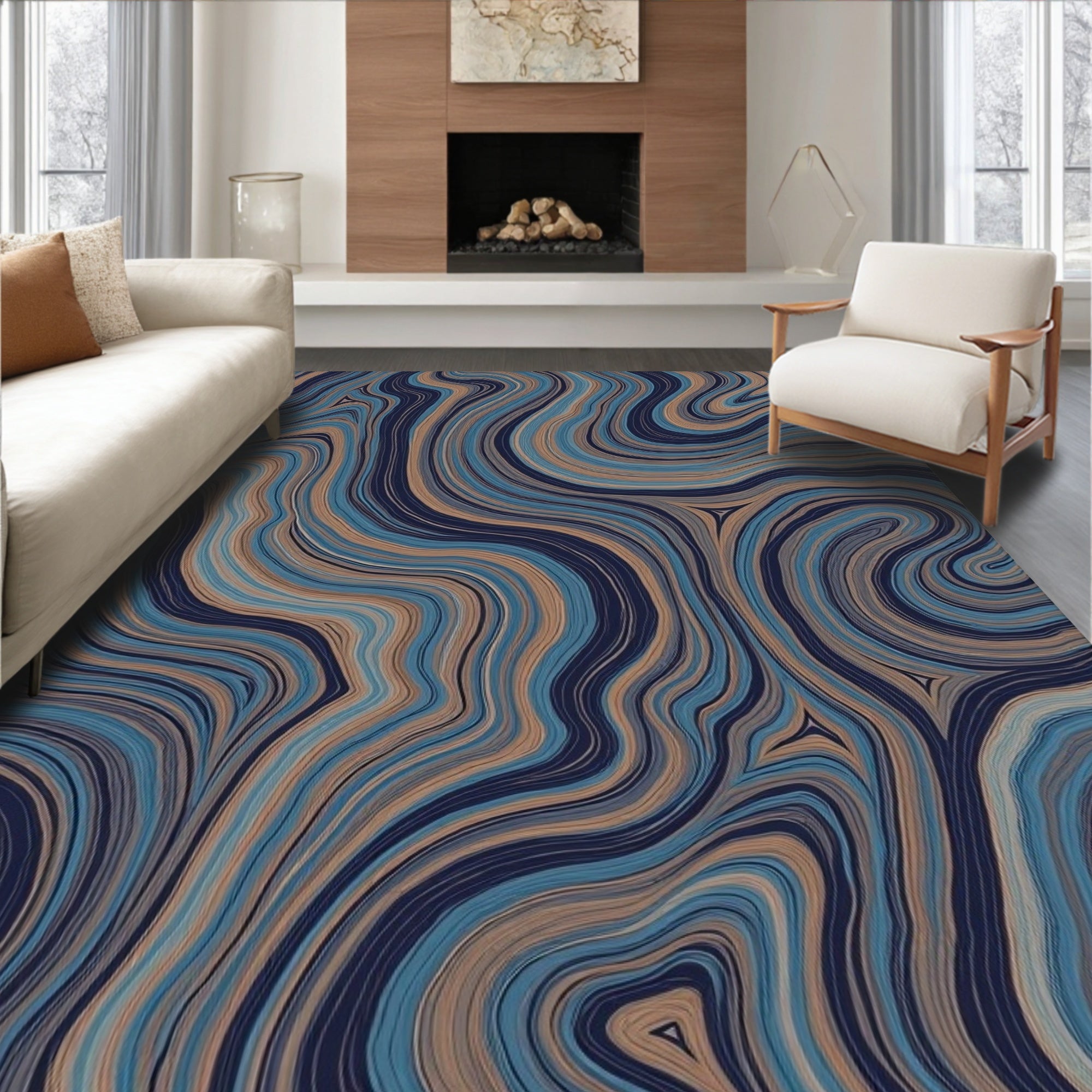 Wavy Blue Tan Marbled Pattern Rug