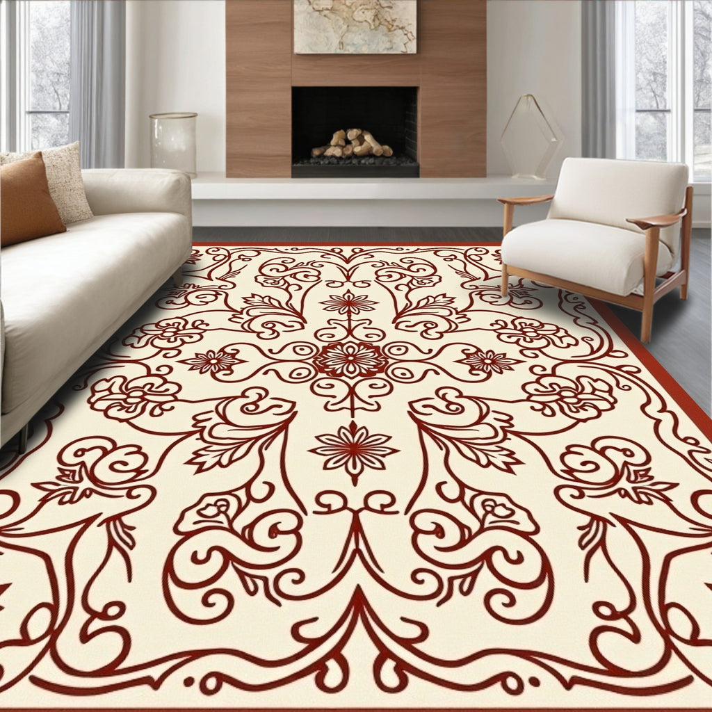 Elegant Red Floral Vine Swirl Rug
