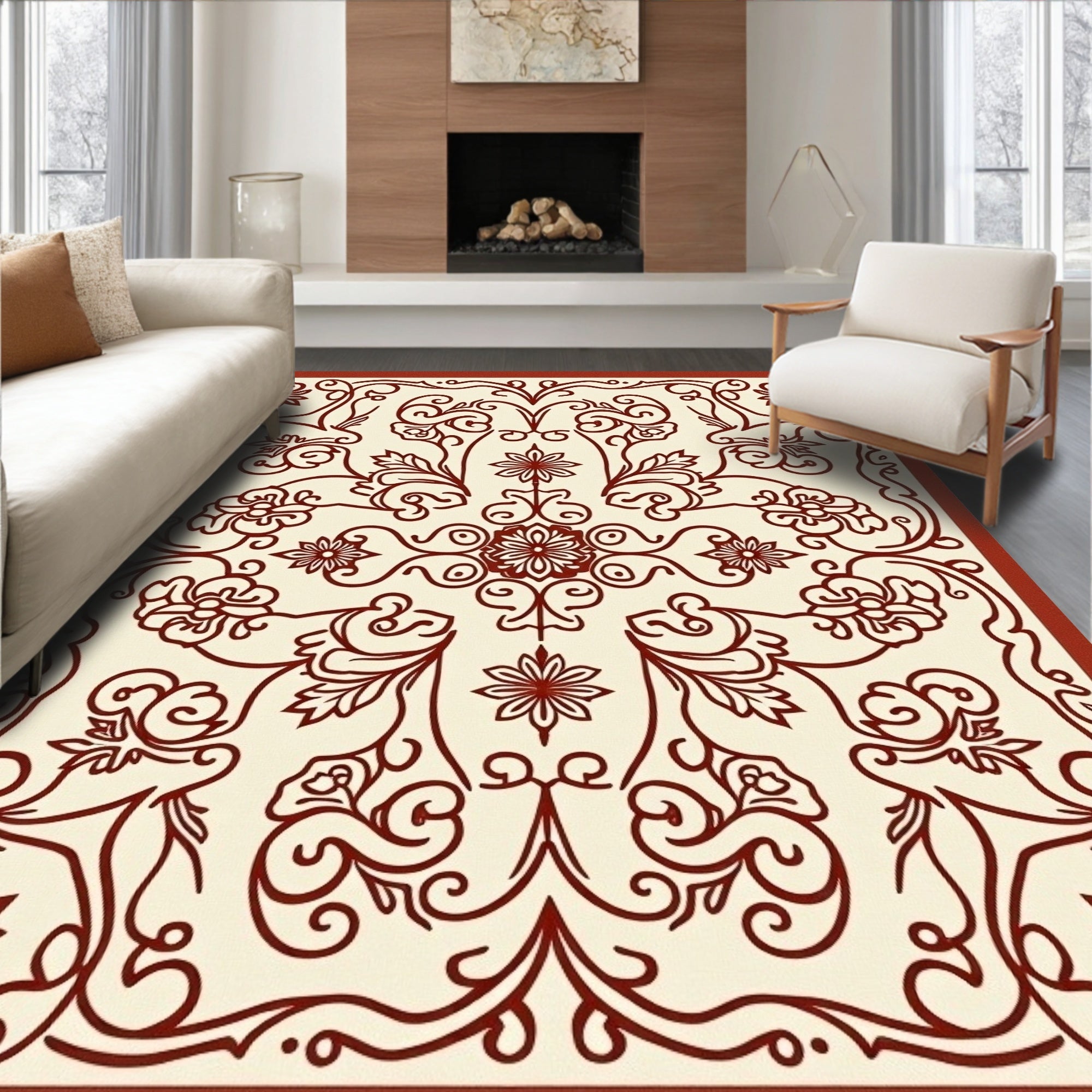 Elegant Red Floral Vine Swirl Rug
