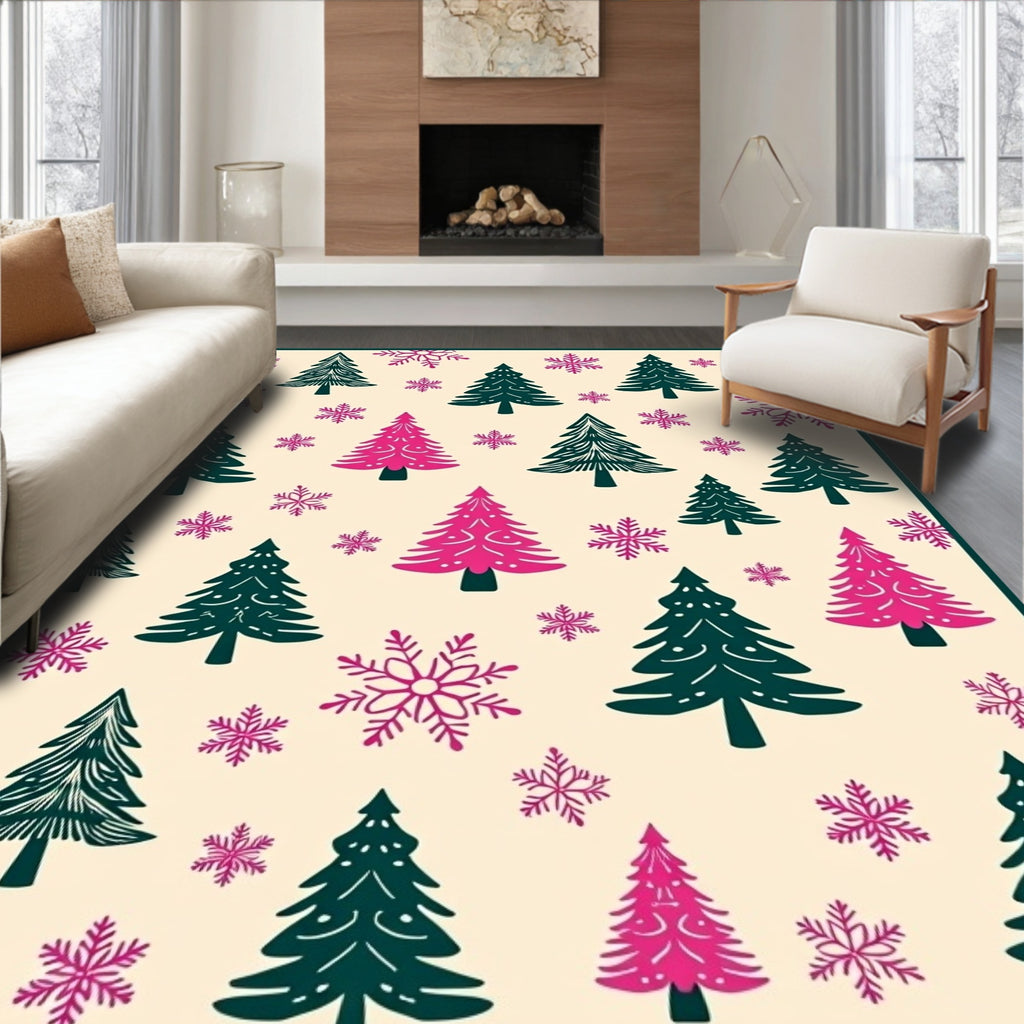 Whimsical Green Pink Trees Snowflakes Rug