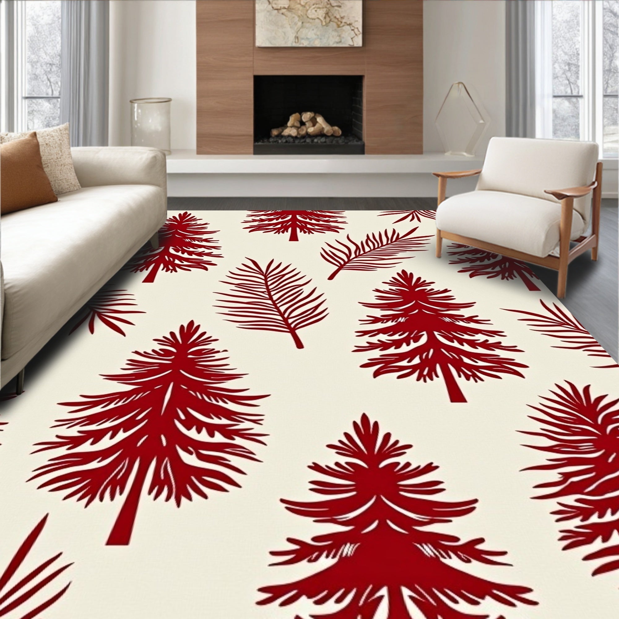 Deep Red Forest Silhouette Pattern Rug