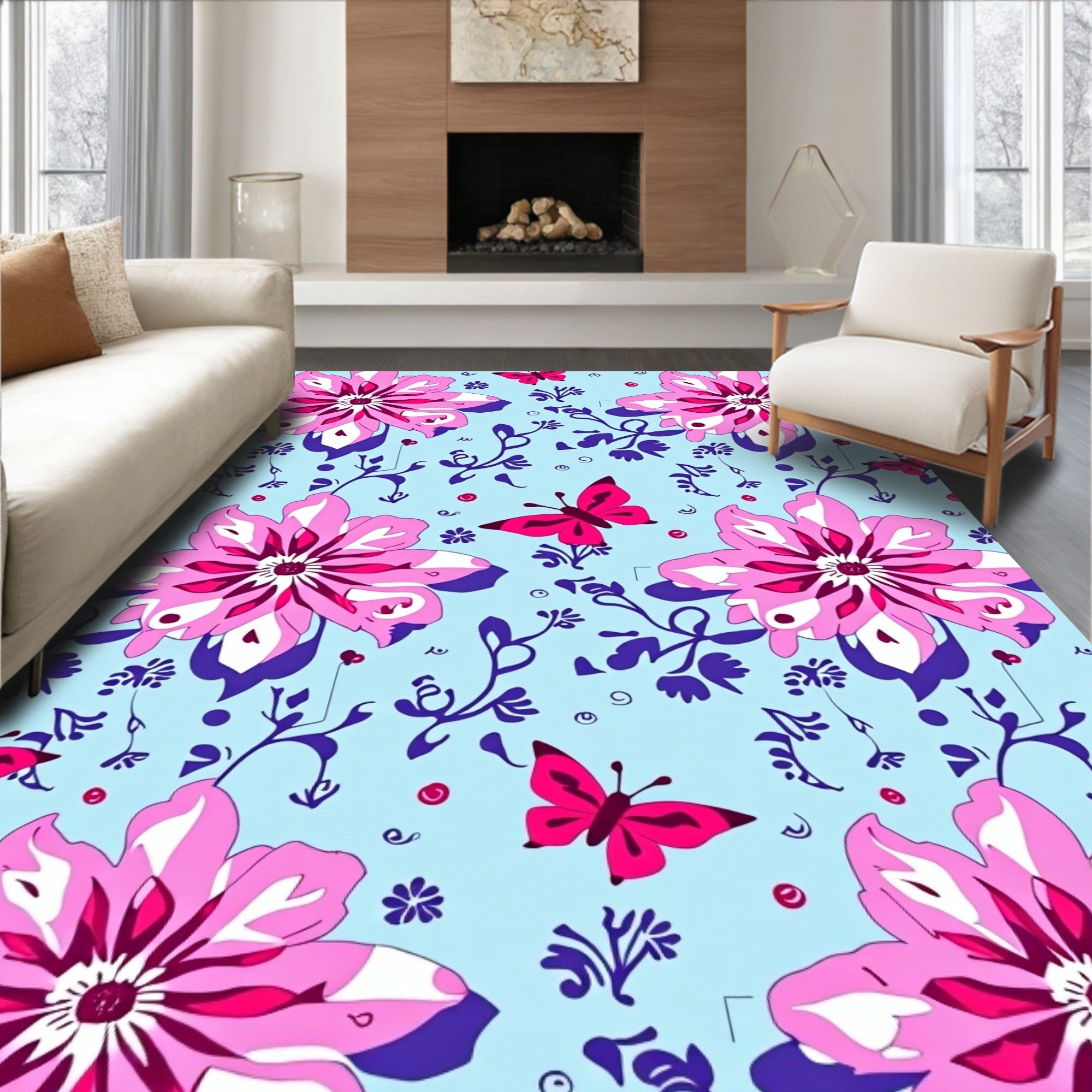Pink Floral Butterfly Pattern Design Rug