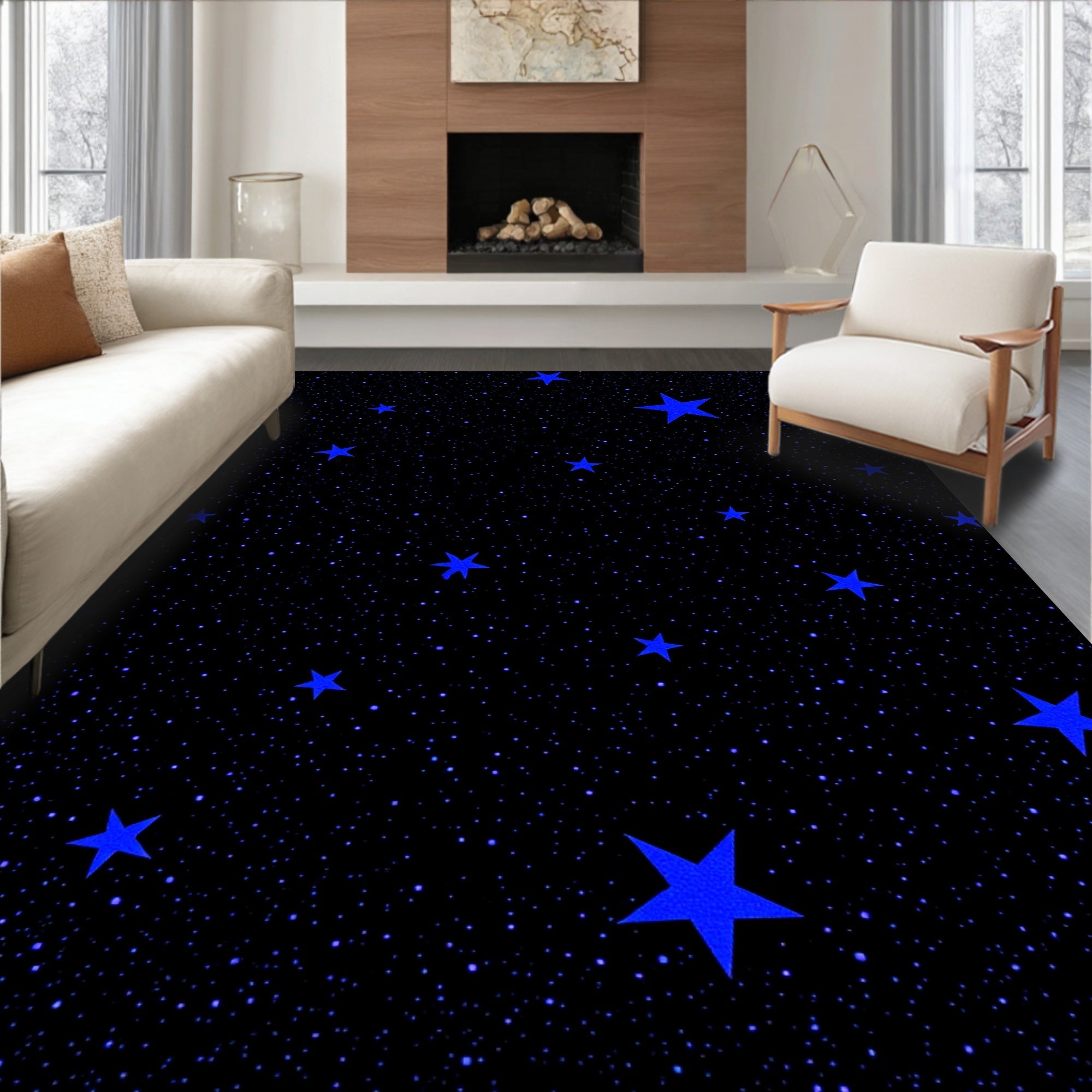 Vibrant Blue Starry Night Sky Rug