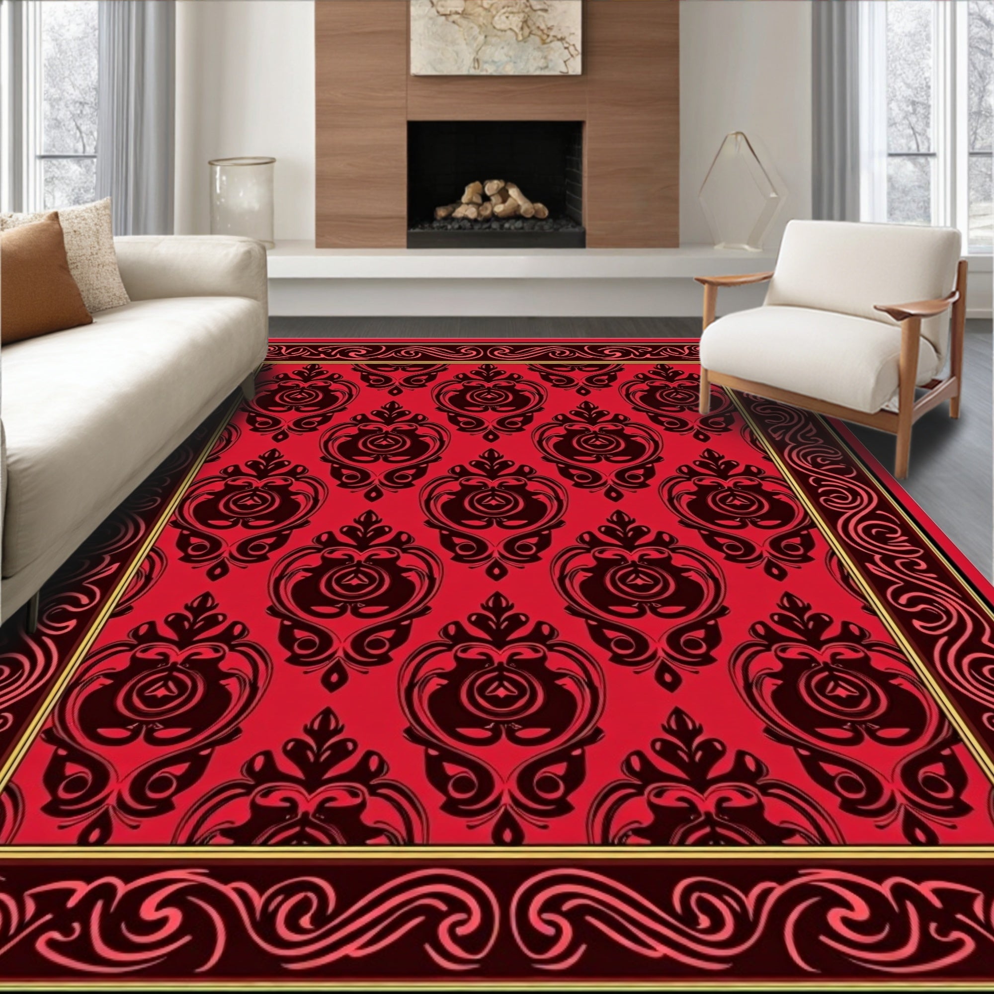 Regal Red Damask Pattern Rug