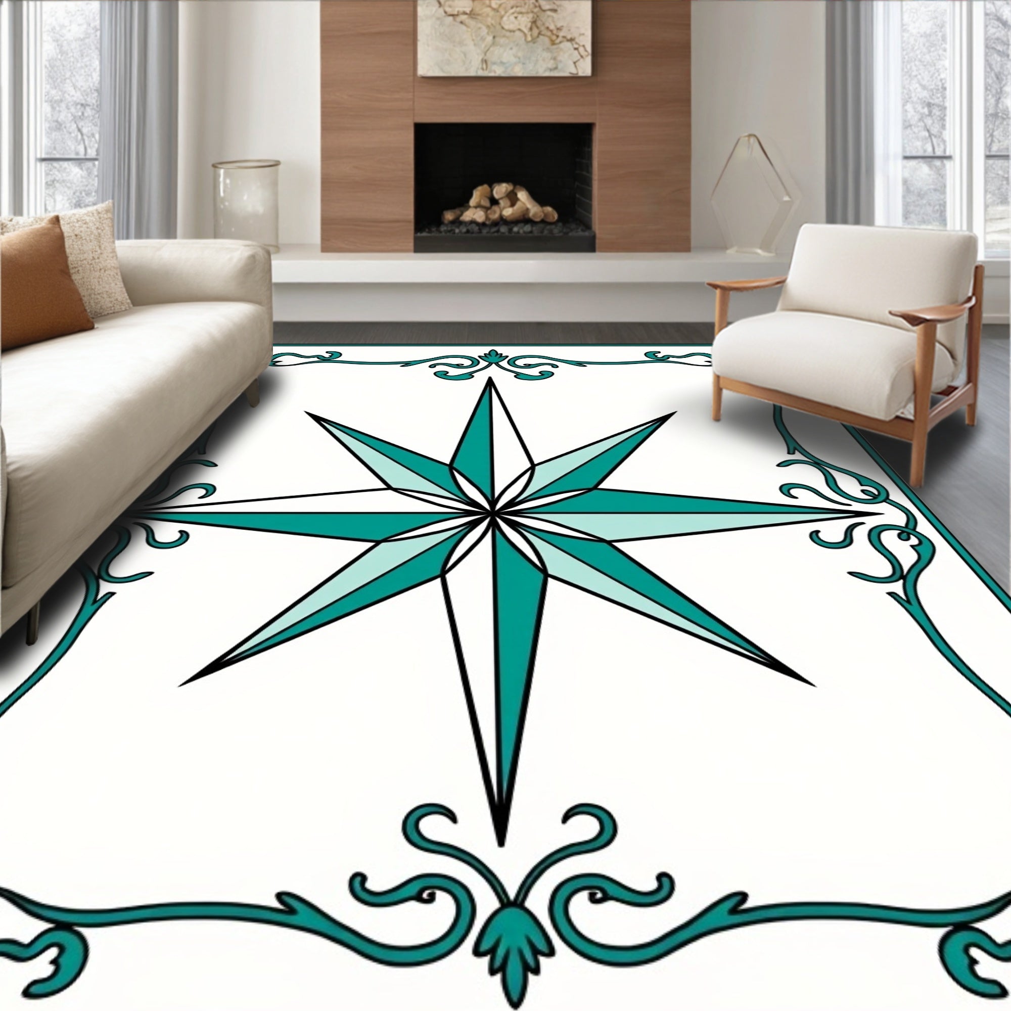 Teal Starburst Intricate Border Rug