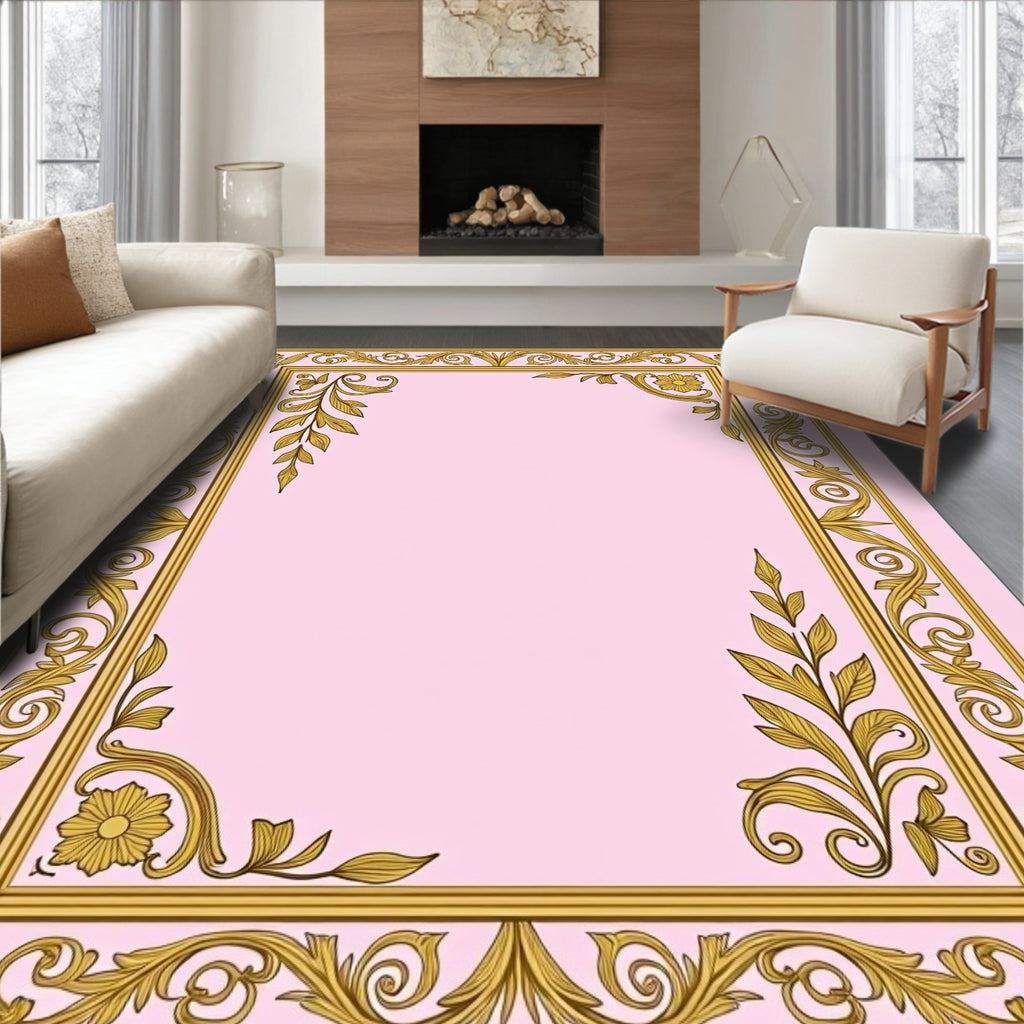 Ornate Gold Floral Scroll Border Rug