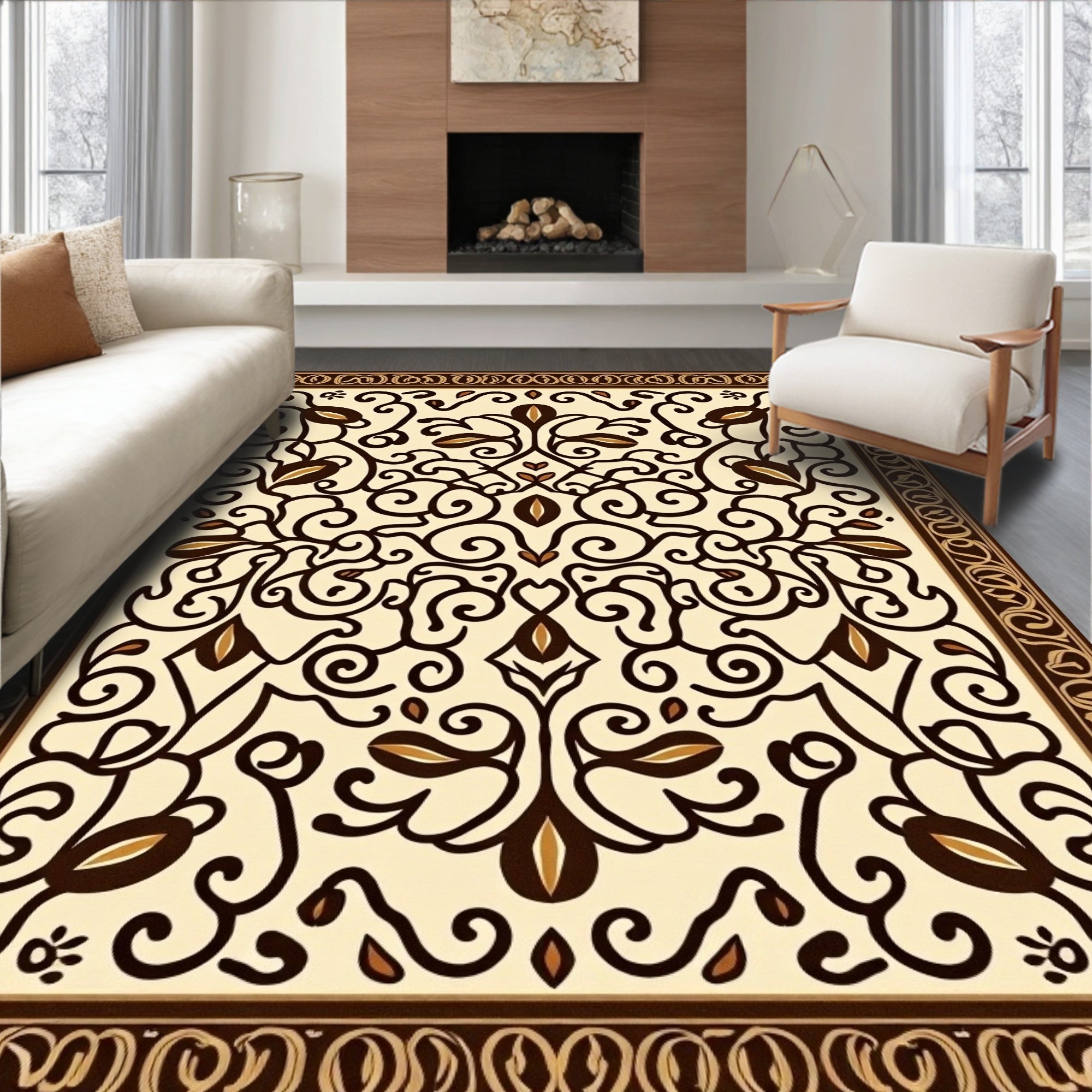 Intricate Floral Scrollwork Cream Rug