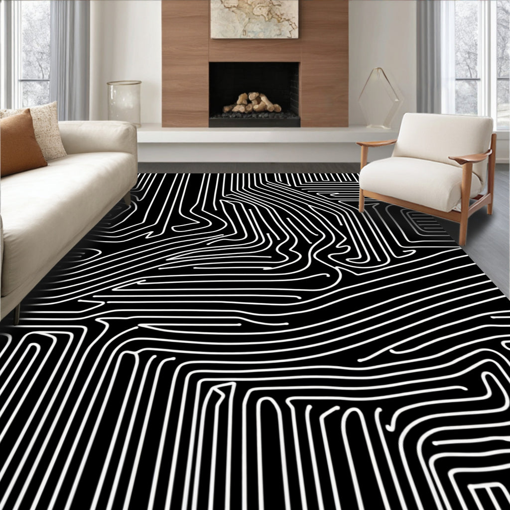 Abstract White Lines On Black Pattern Rug
