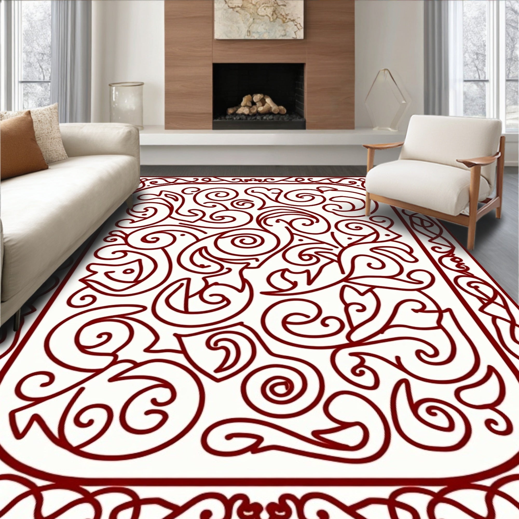 Classic Red Swirls Flourish Pattern Rug