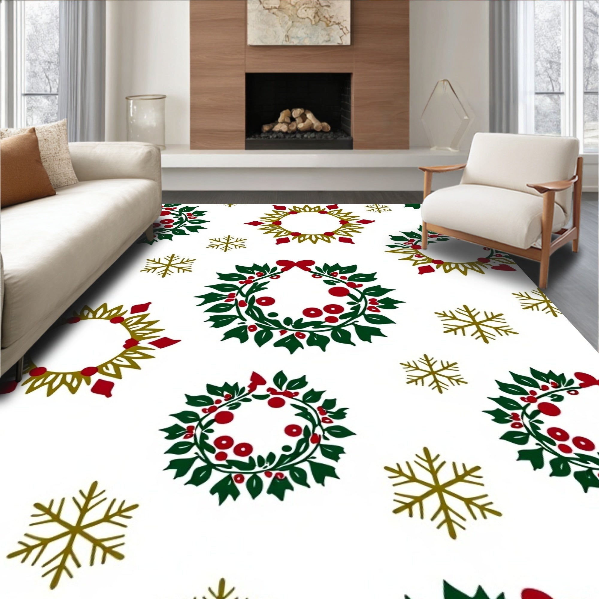 Festive Wreath and Snowflake Pattern Rug