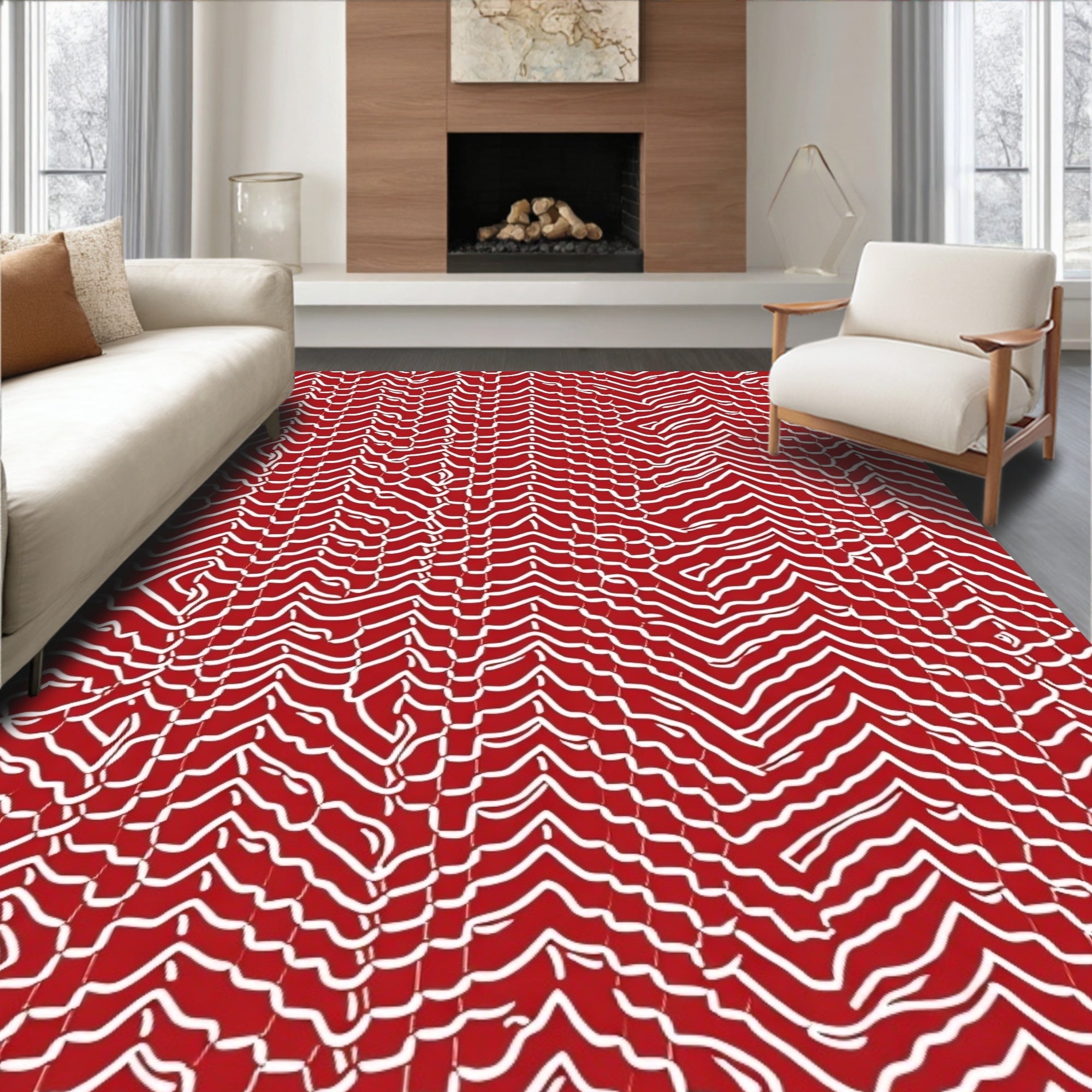 Wavy Chevron Red Stripe Pattern Rug