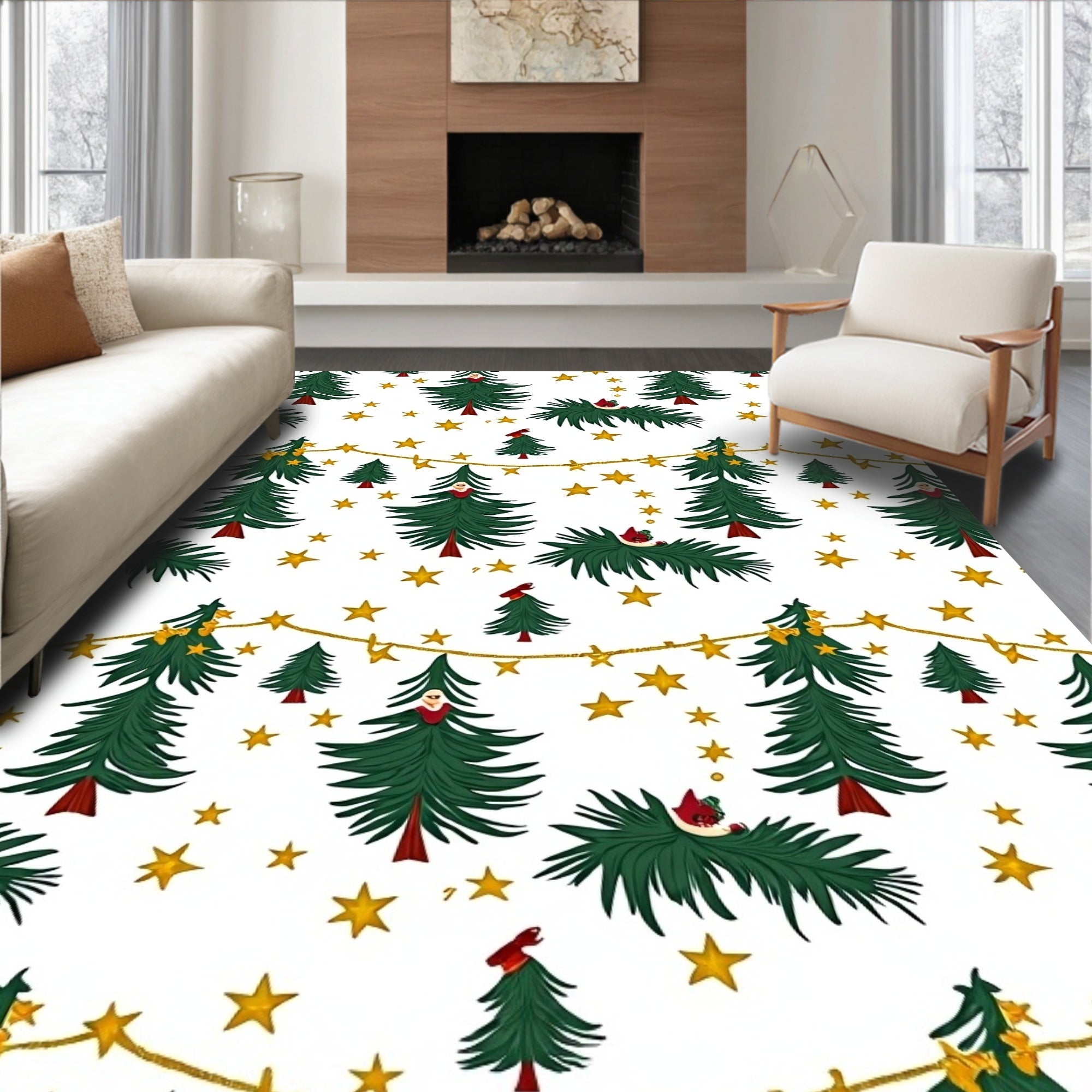 Festive Green Christmas Trees Gold Stars Rug