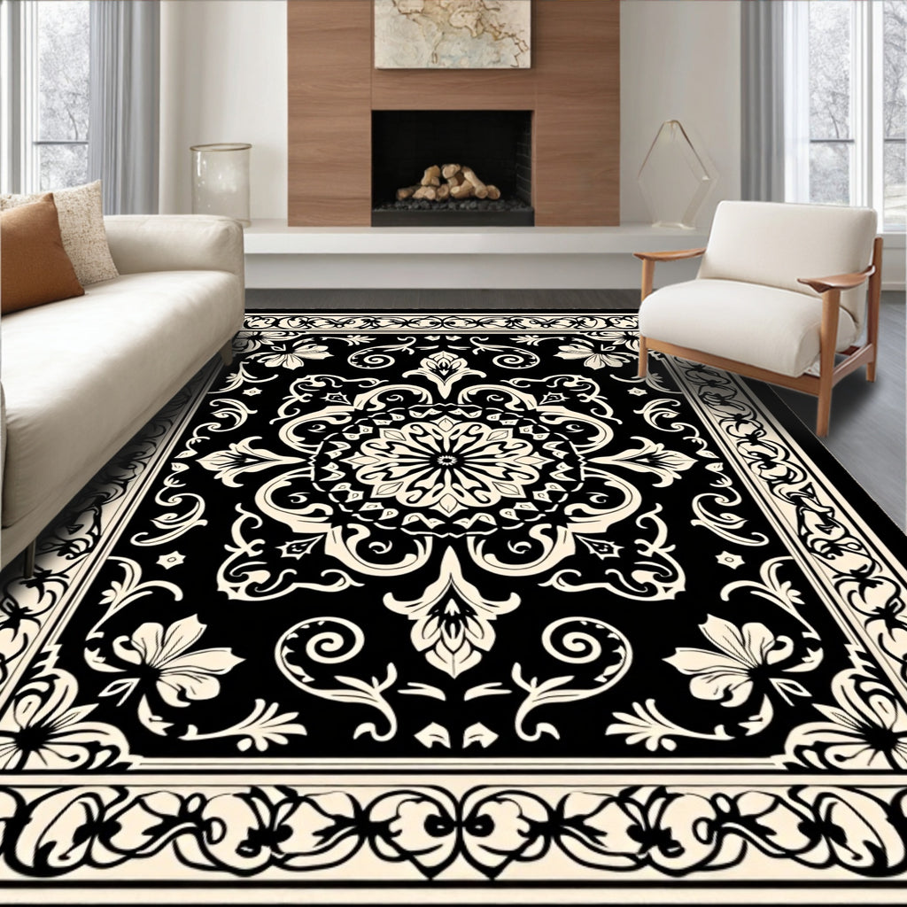 Intricate Black Floral Mandala Rug