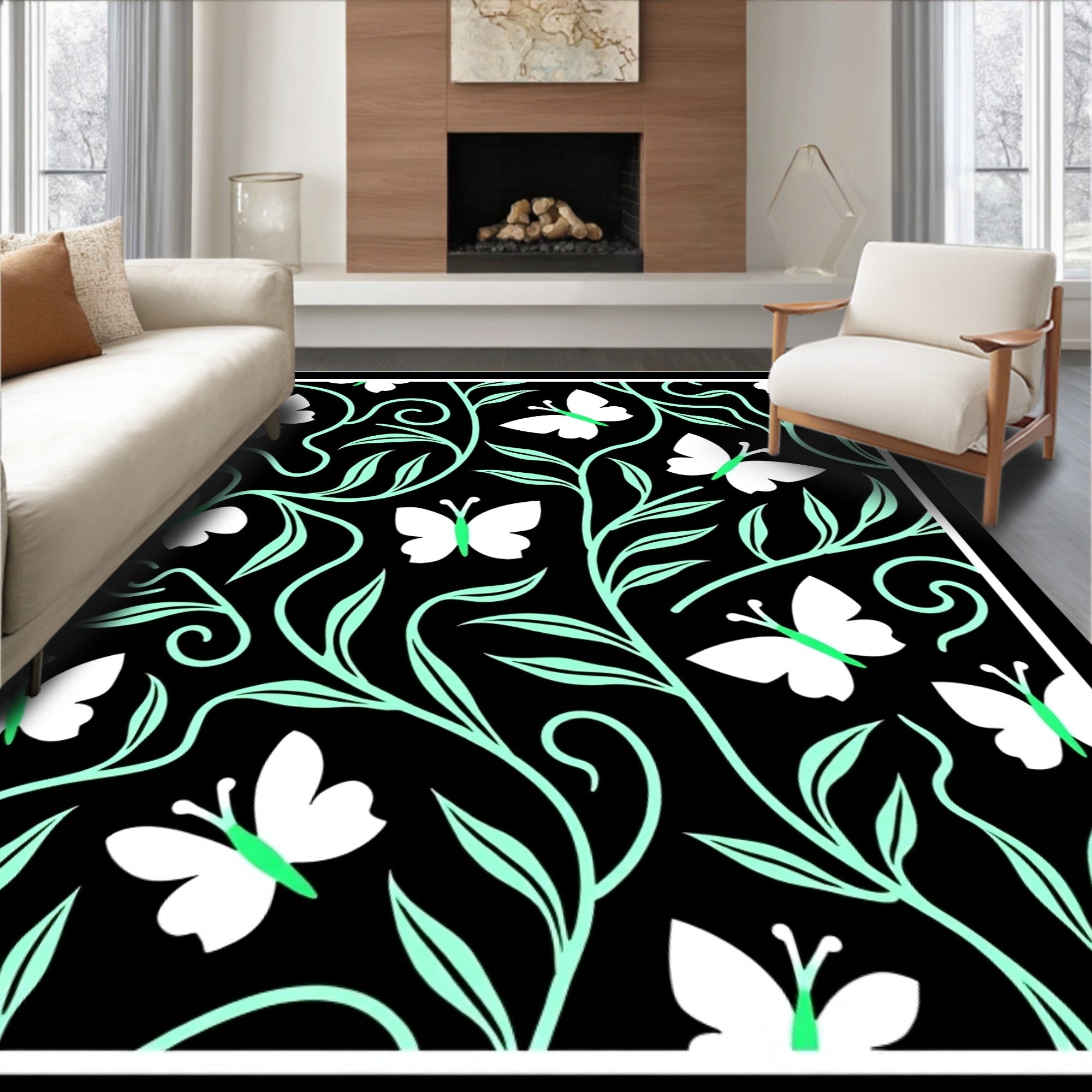 Black White Mint Butterfly Floral Pattern Rug