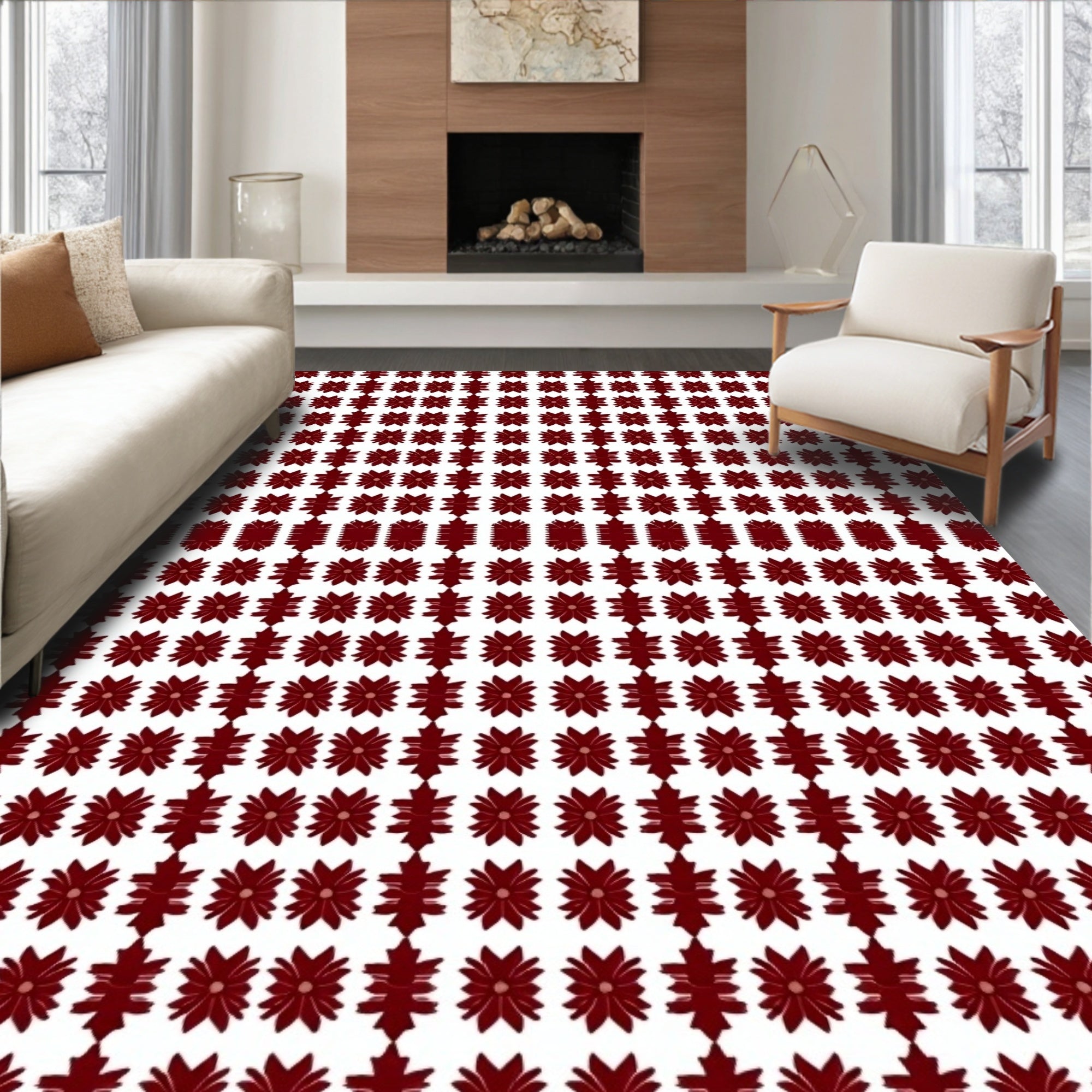 Maroon Floral And Leaf Motif Pattern Rug