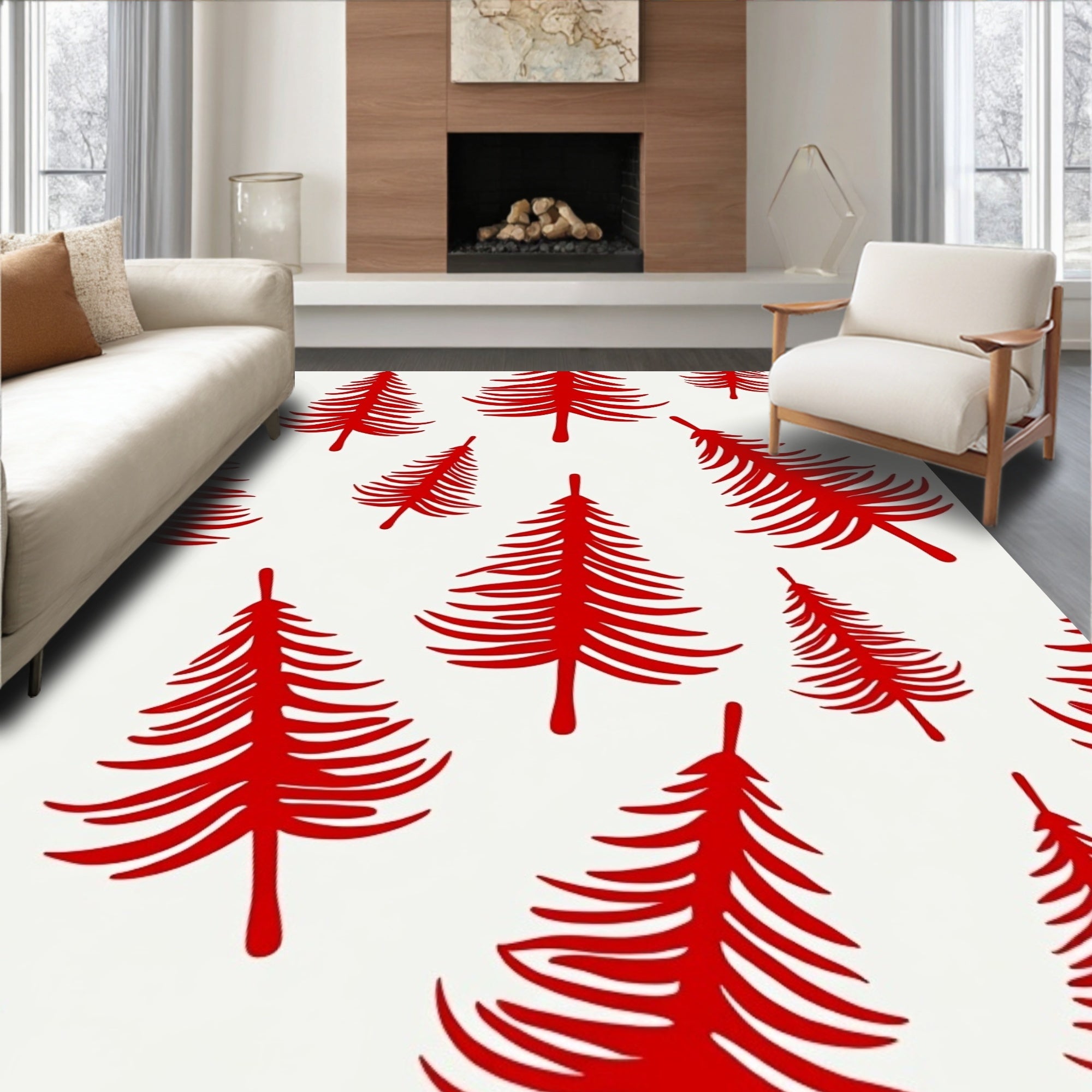 Radiant Red Pine Tree Pattern Rug