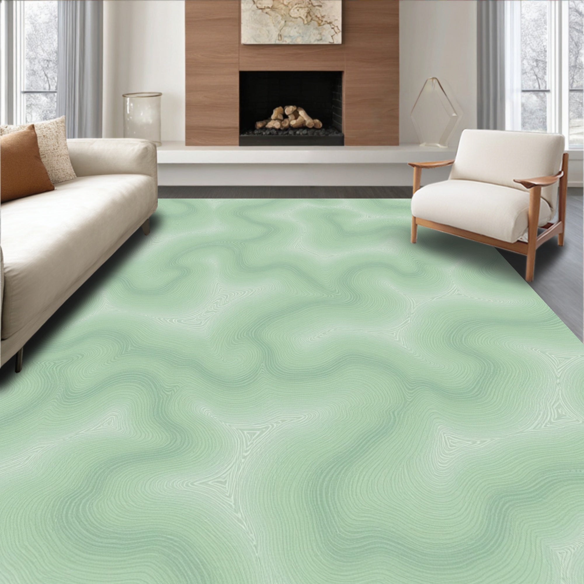 Soft Green Wavy Lined Organic Pattern Rug