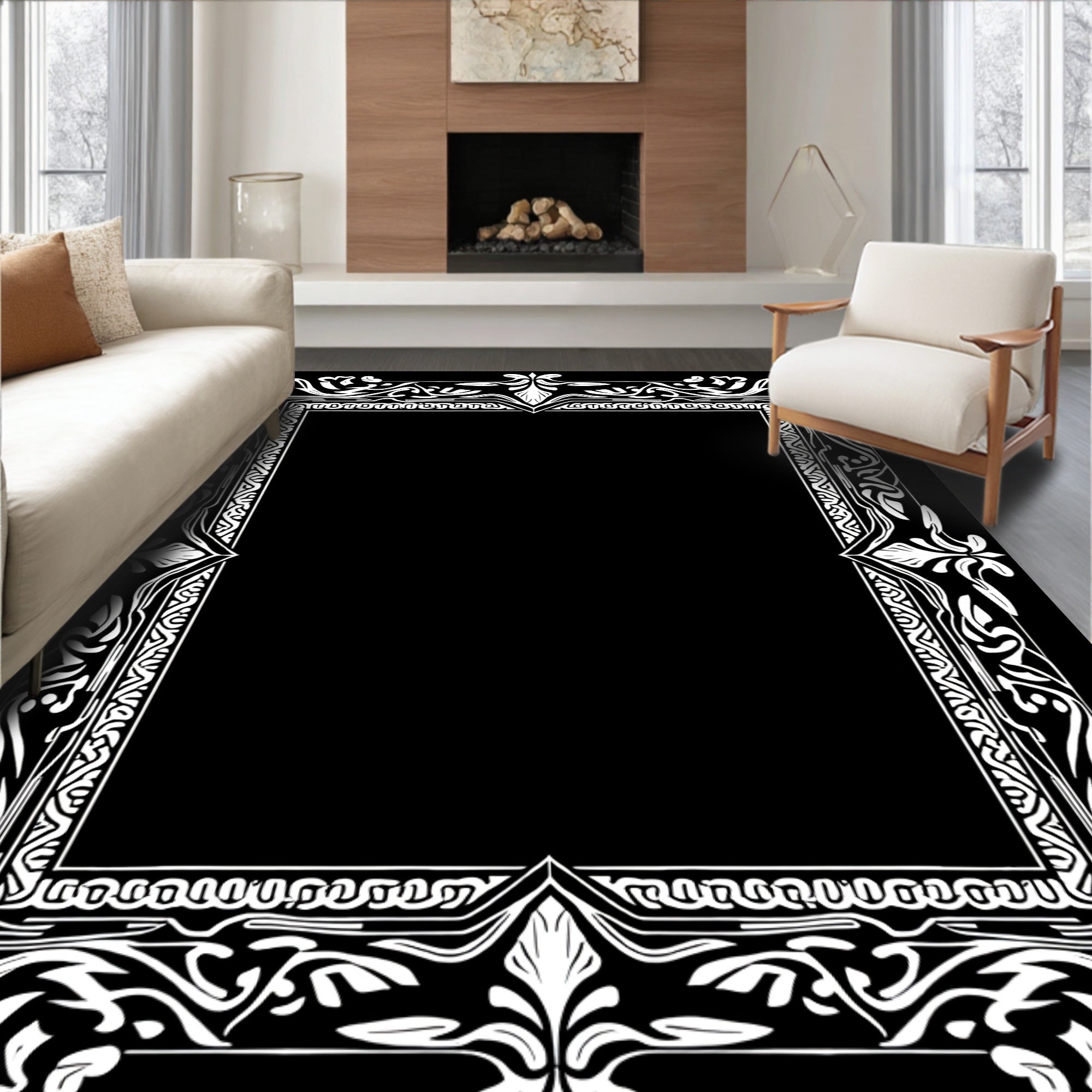 Ornate White Flowery Border Design Rug