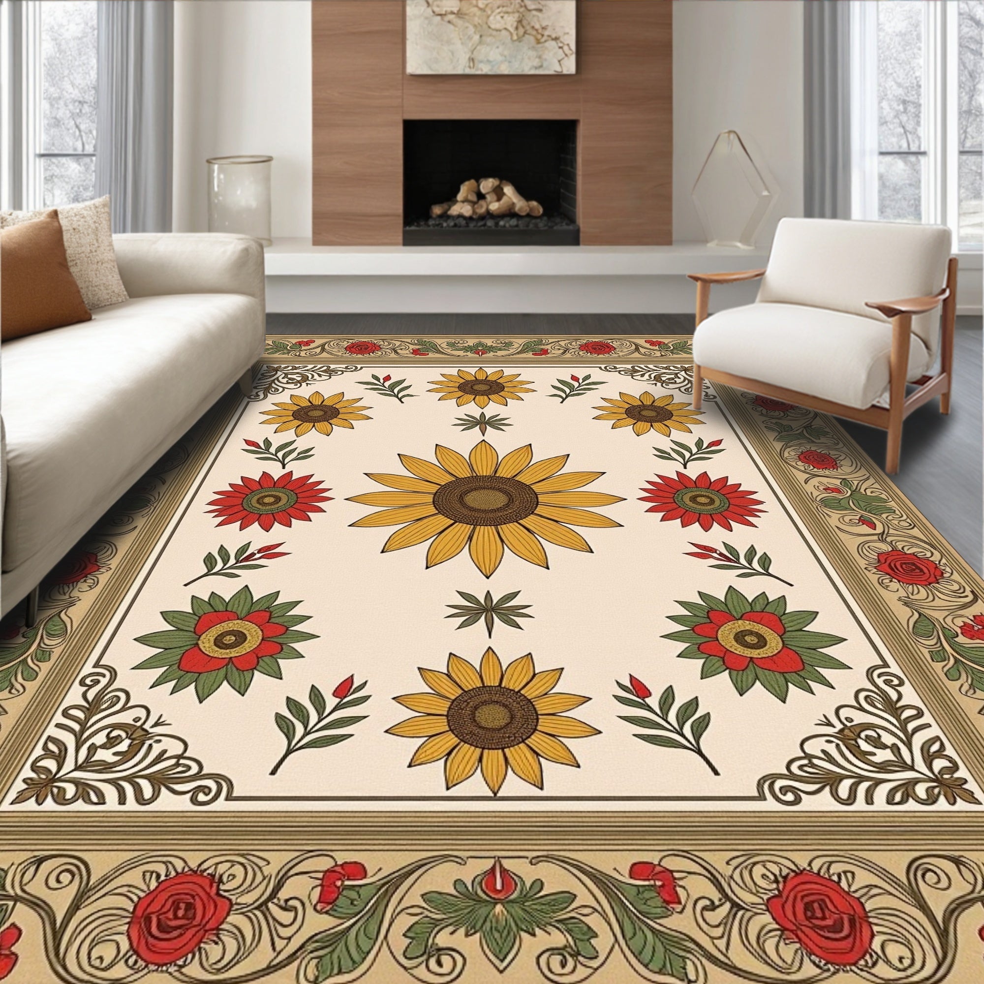 Floral Sunflower Rose Border Rug