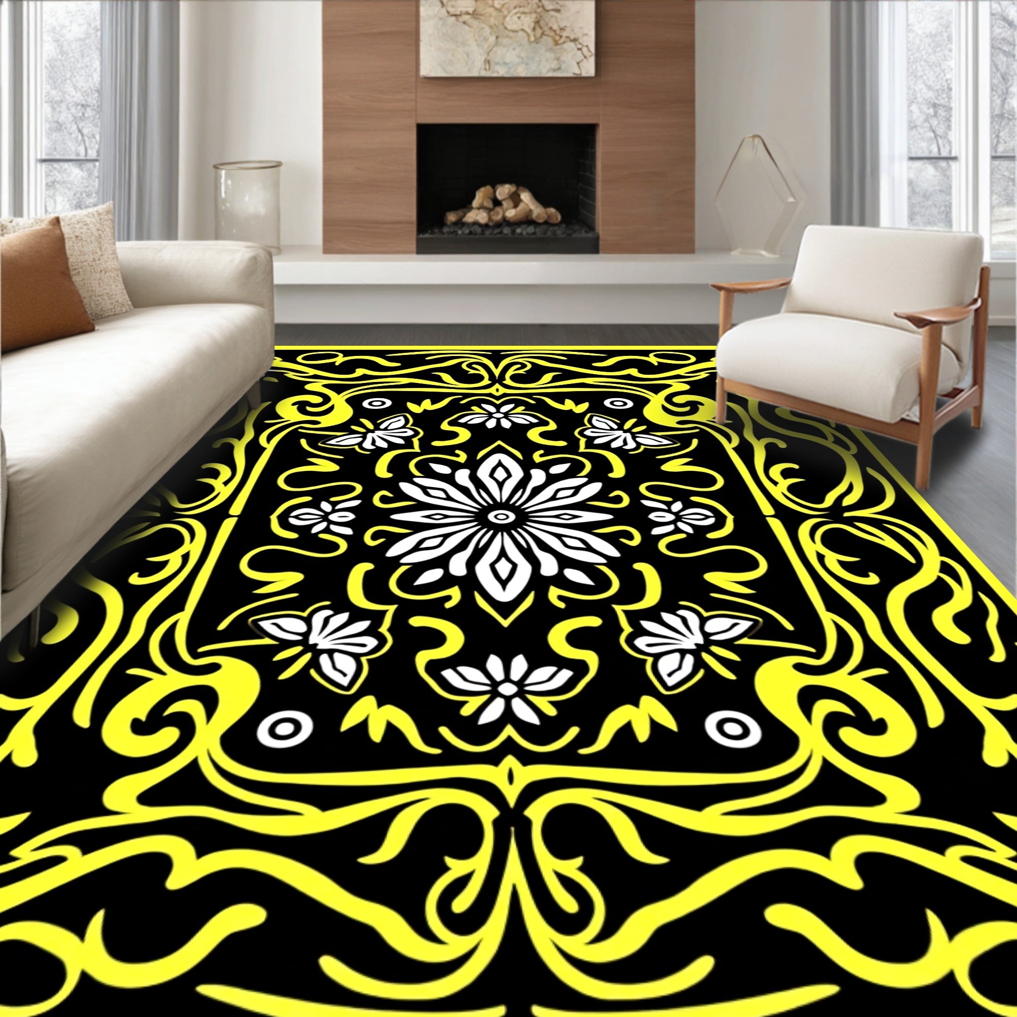 Bold Yellow Floral And Butterfly Pattern Rug