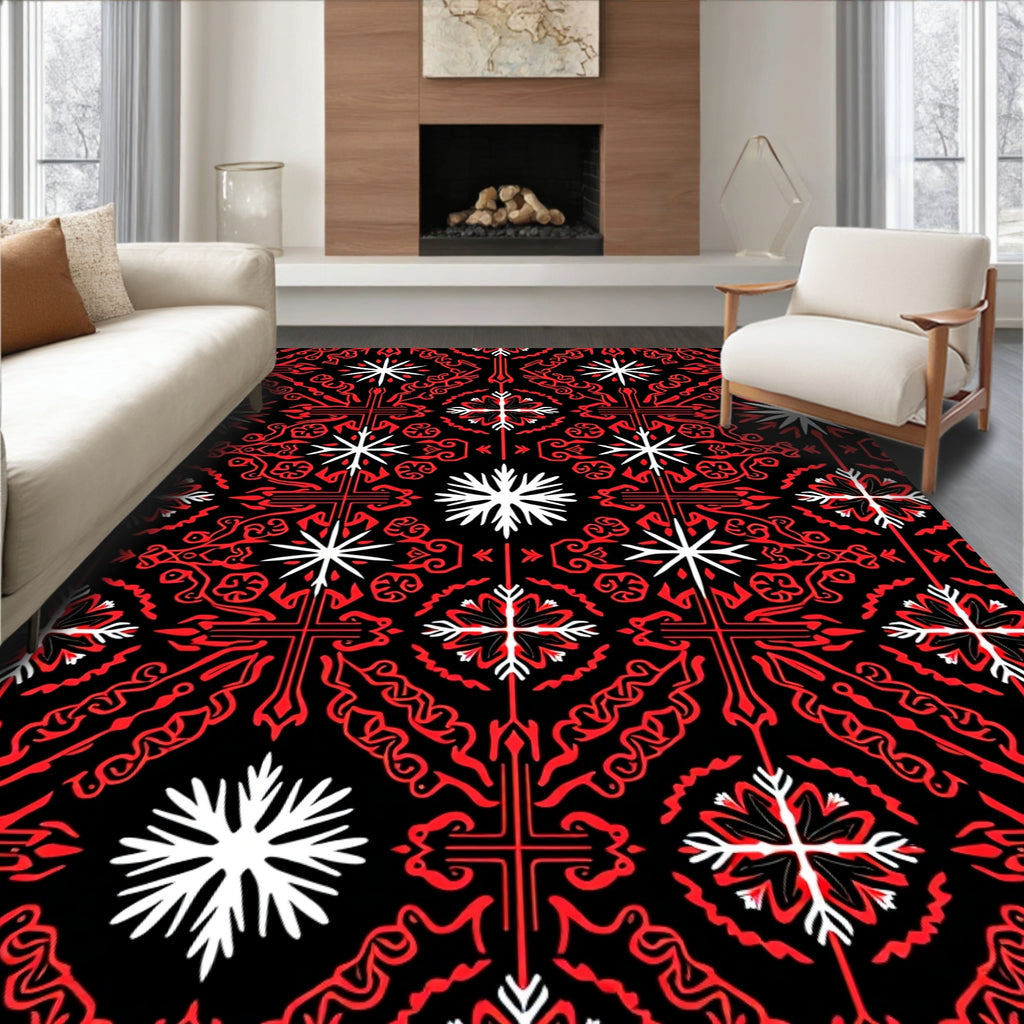 Bold Red White Geometric Pattern Rug