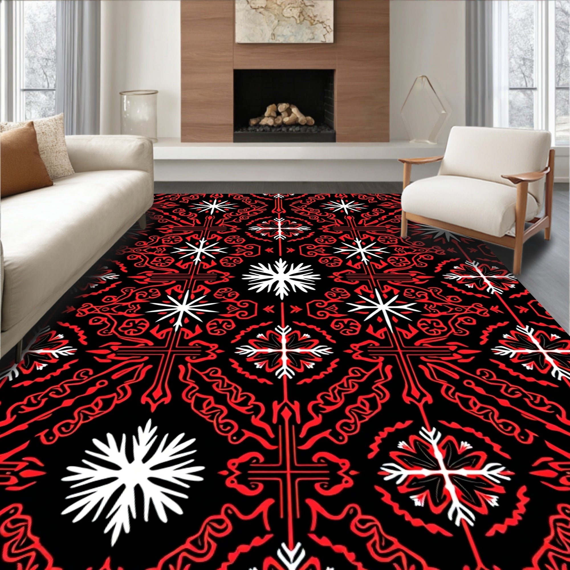 Bold Red White Geometric Pattern Rug