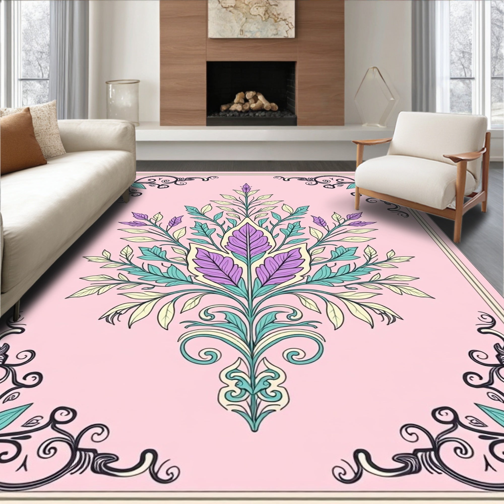 Floral Vine Scrollwork Pastel Rug