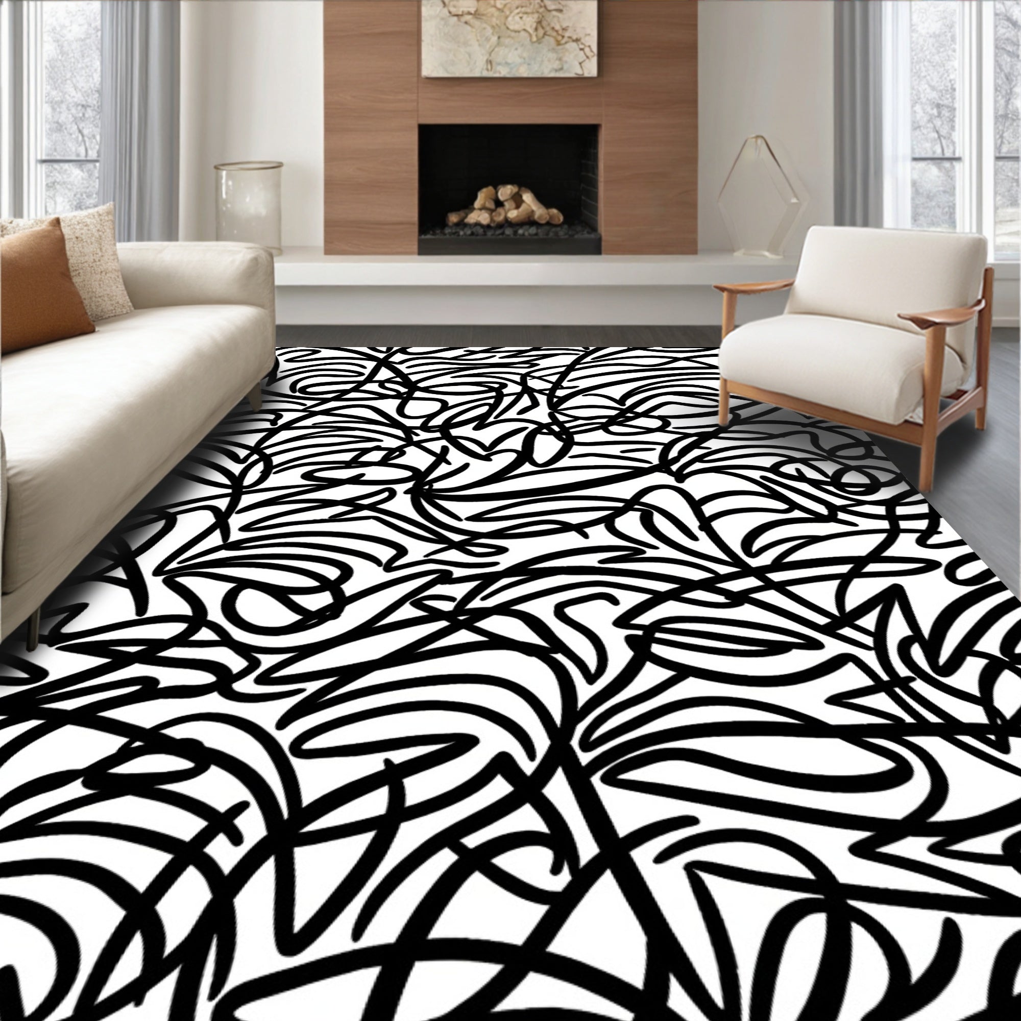 Bold Abstract Black White Lines Rug