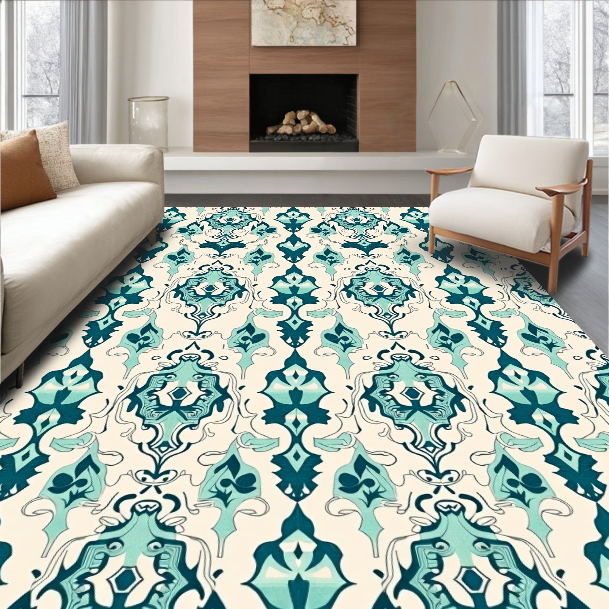 Teal Intricate Damask Pattern Rug