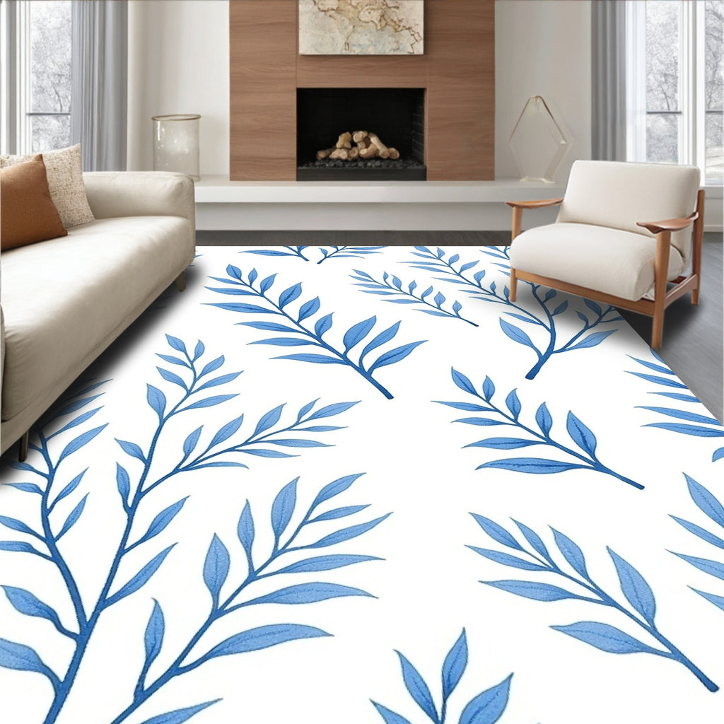 Blue Botanical Leaf Pattern Rug