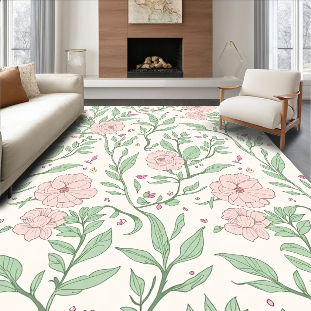 Delicate Pink Floral Vine Pattern Rug