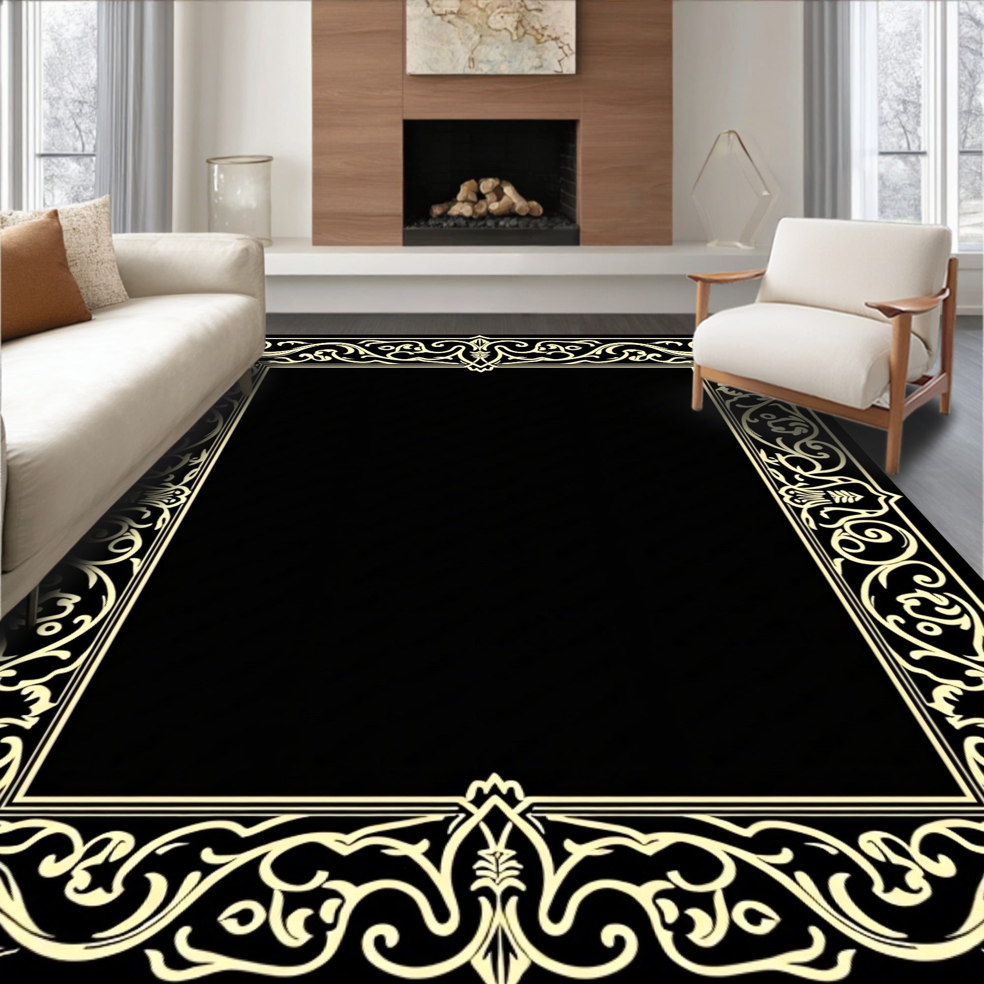 Ornate Scrollwork Black Cream Border Rug