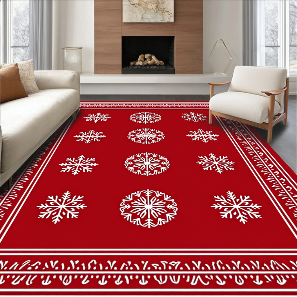 Red Snowflake Patterned Festive Rug
