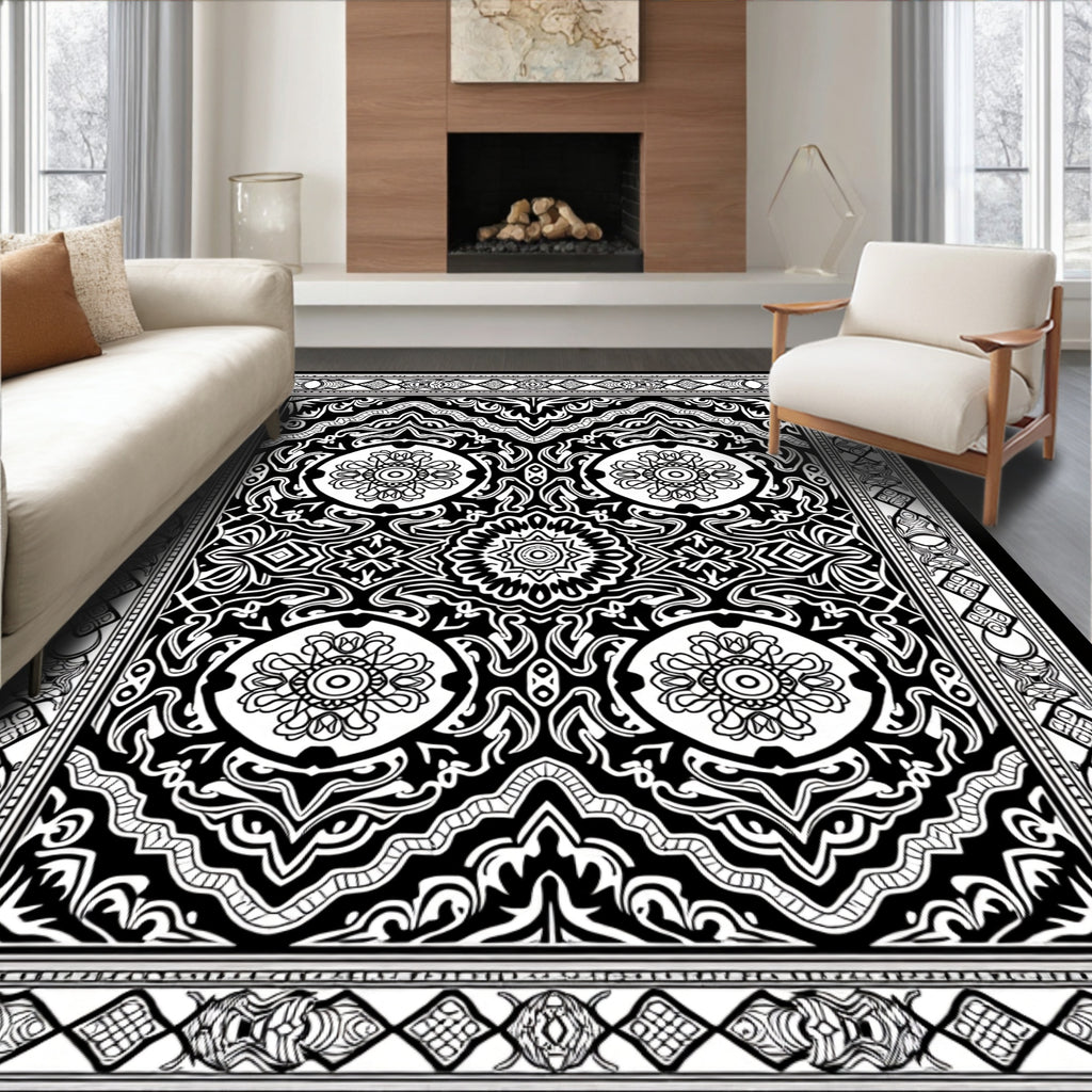 Intricate Black White Floral Border Rug