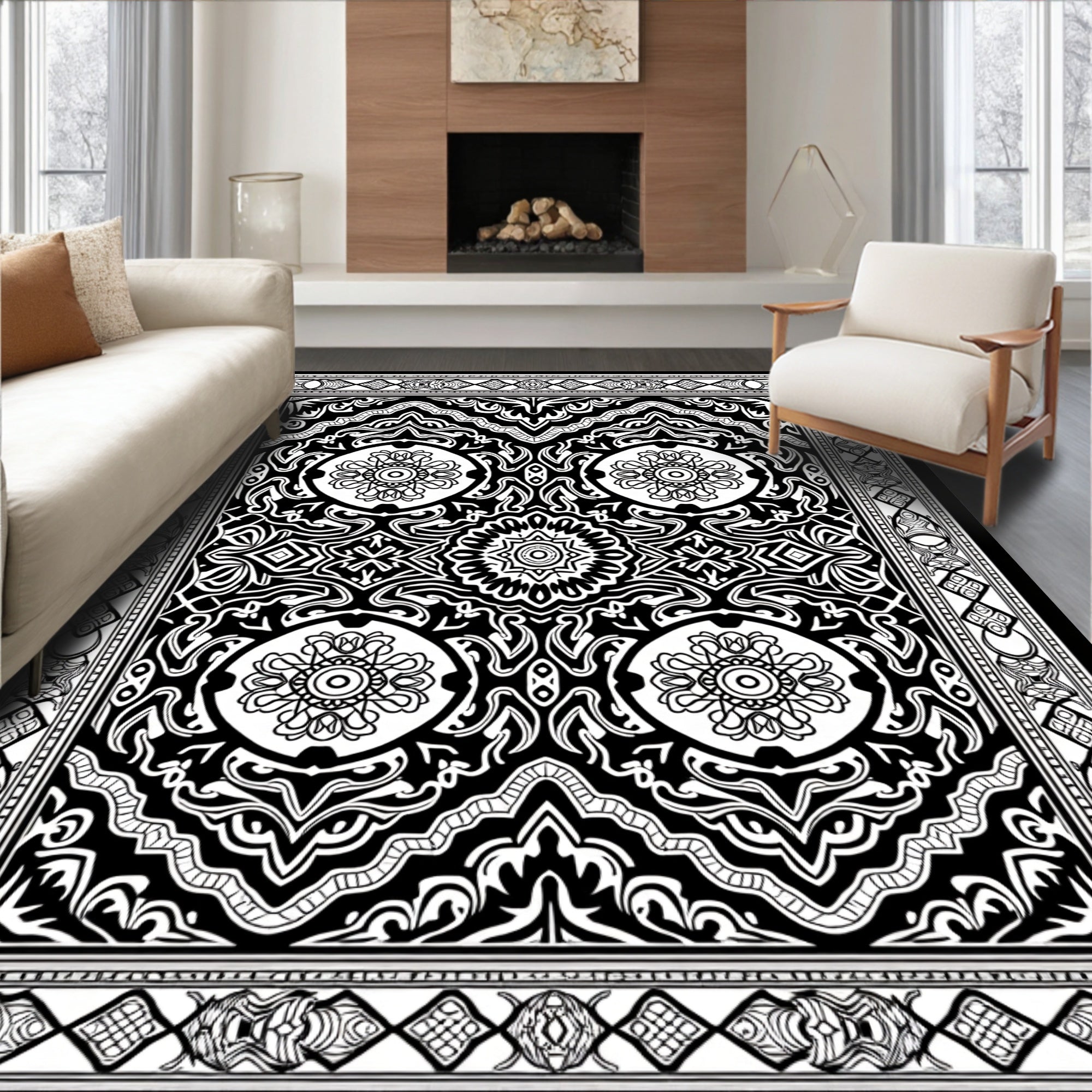Intricate Black White Floral Border Rug