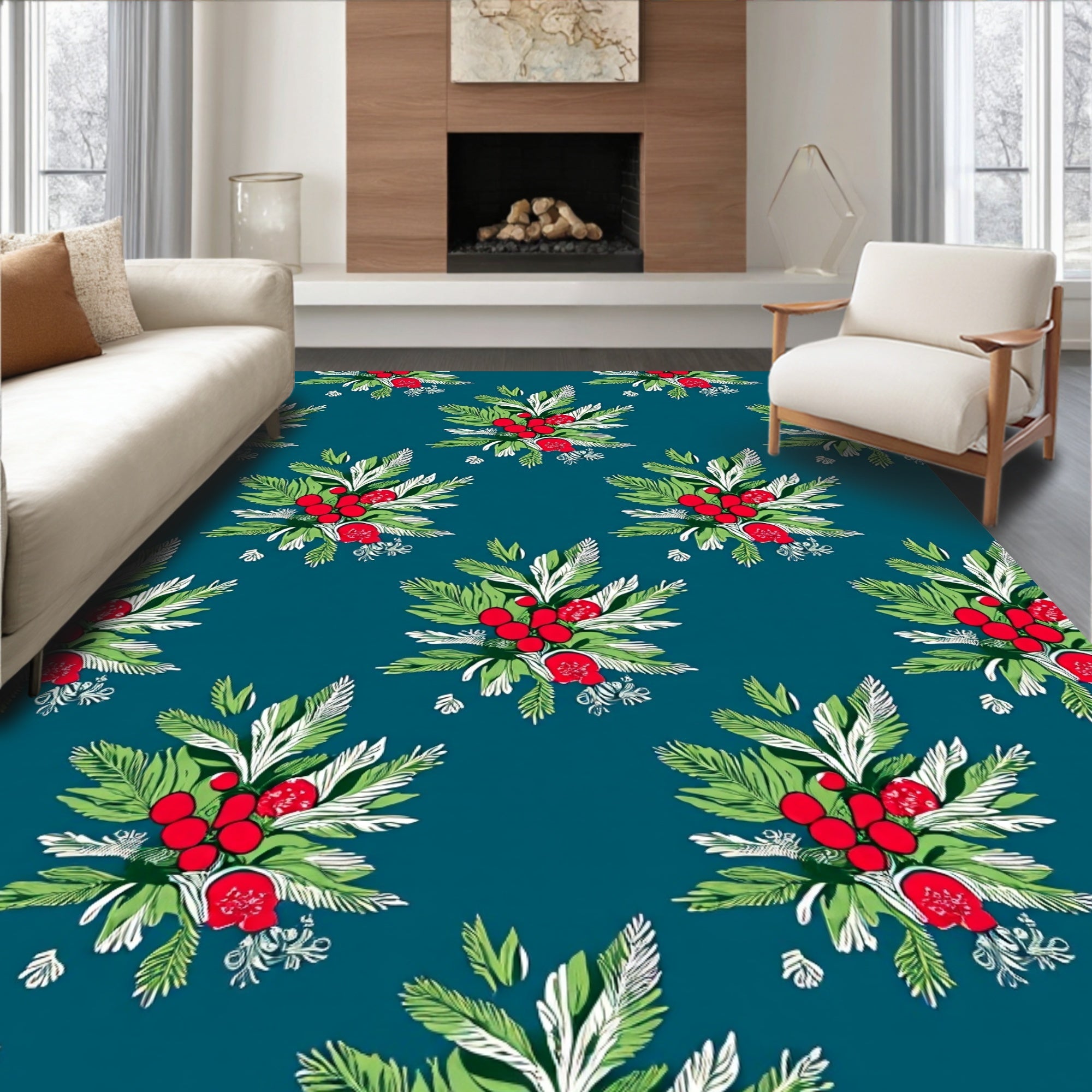 Emerald Teal Red Berry Botanical Bouquet Rug