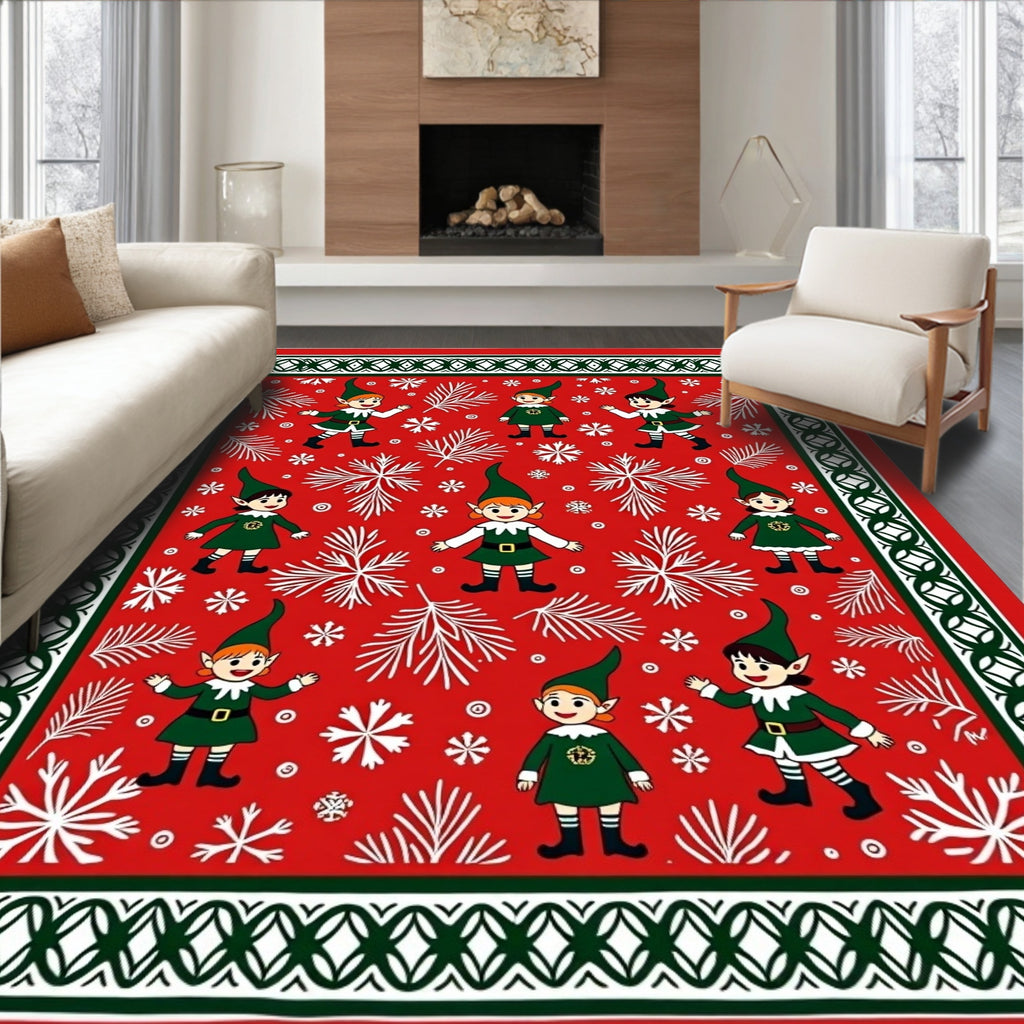 Holiday Elf Red Evergreen Snowflake Scene Rug