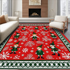 Holiday Elf Red Evergreen Snowflake Scene Rug