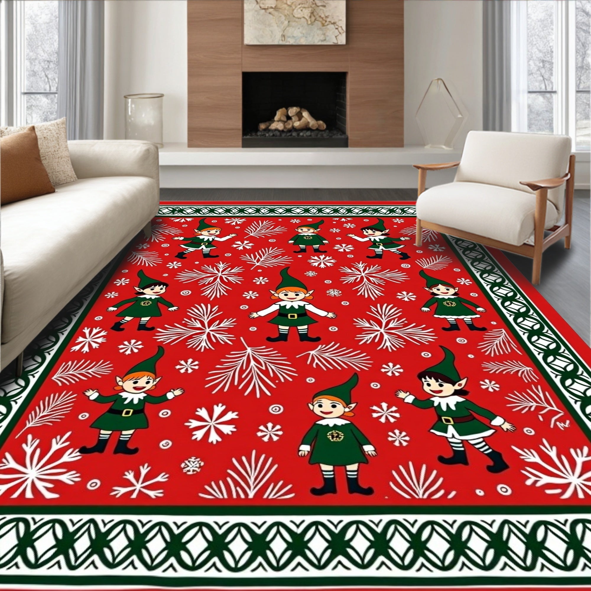 Holiday Elf Red Evergreen Snowflake Scene Rug