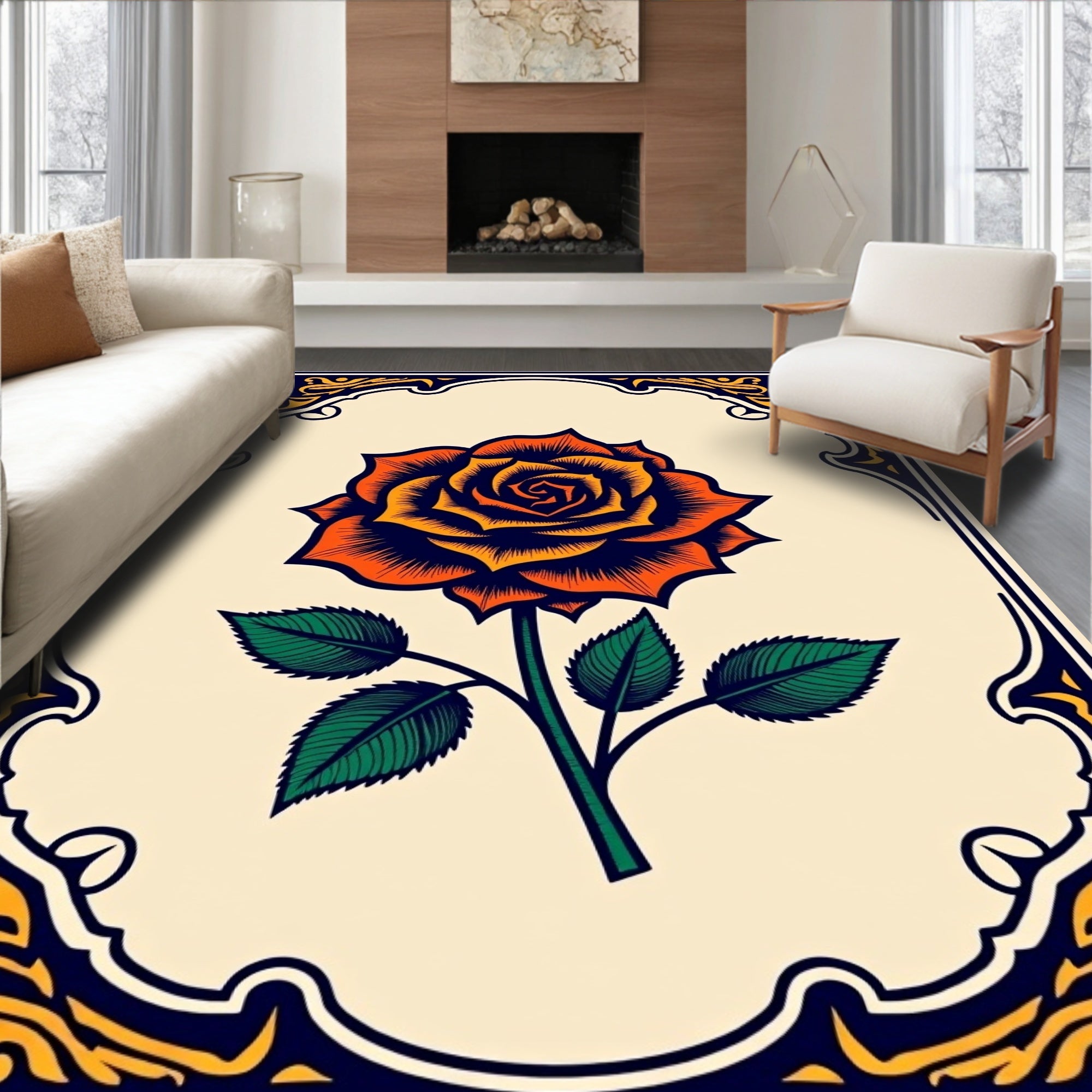 Bold Orange Rose Floral Border Design Rug