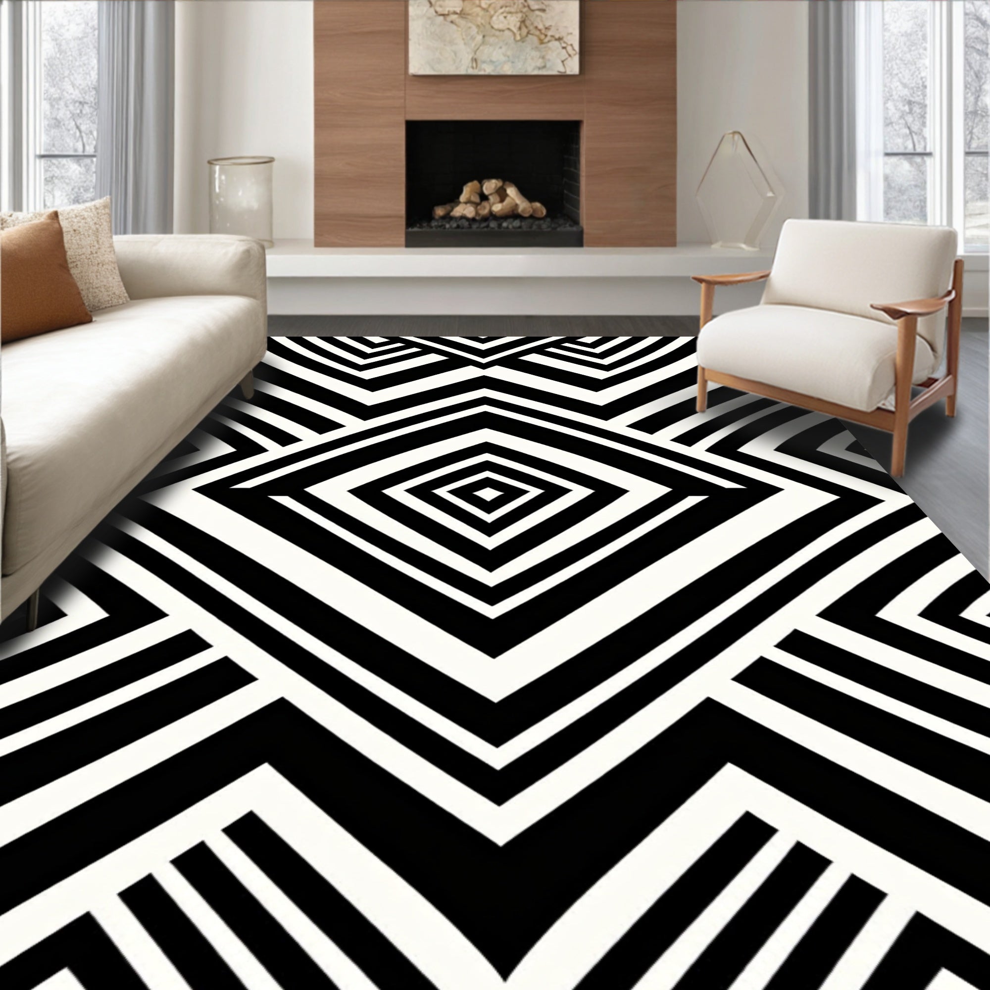 Sharp Black White Geometric Pattern Rug