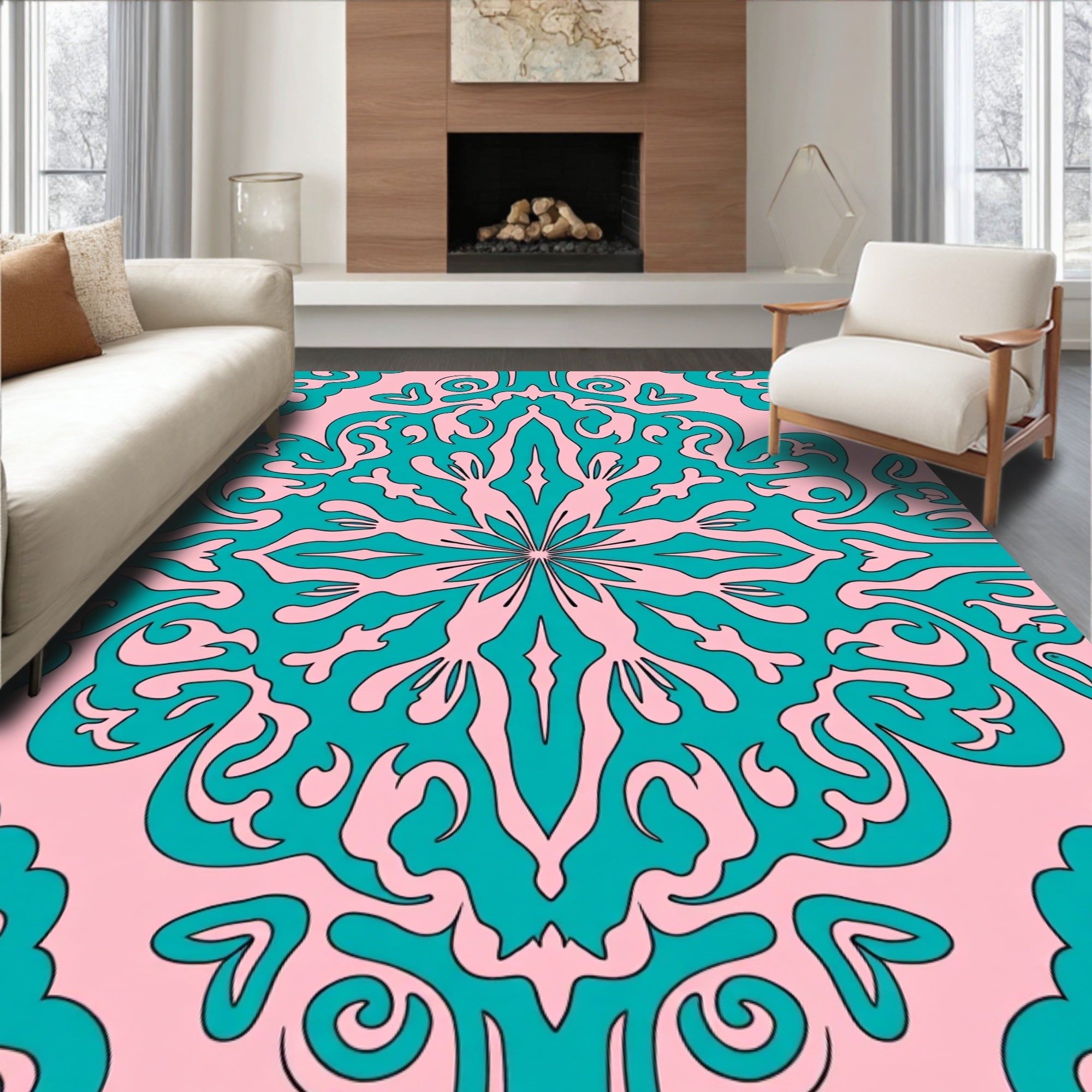 Teal Floral Pattern Decorative Rug