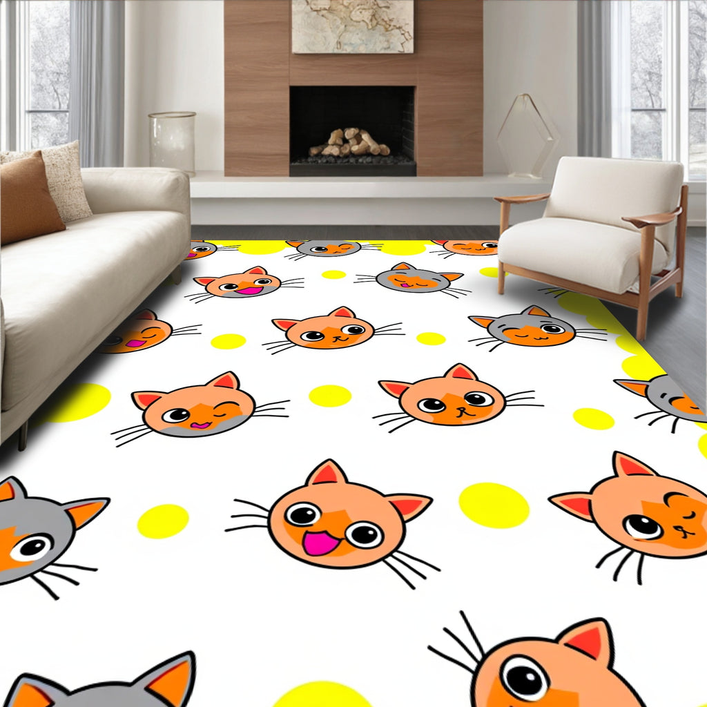 Playful Cat Faces Yellow Dot Pattern Rug